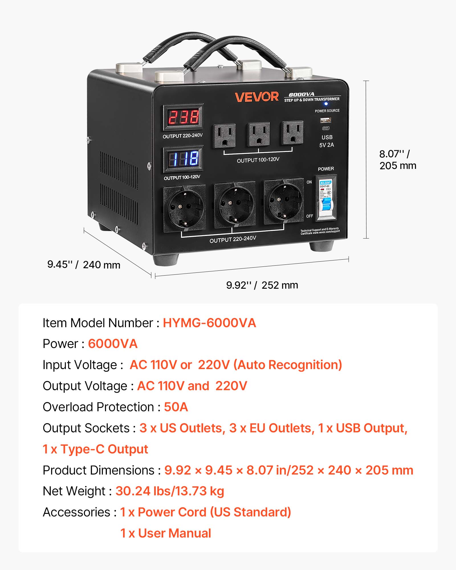 VEVOR Voltage Auto Converter Transformer, 6000VA, Heavy Duty Step Up ...