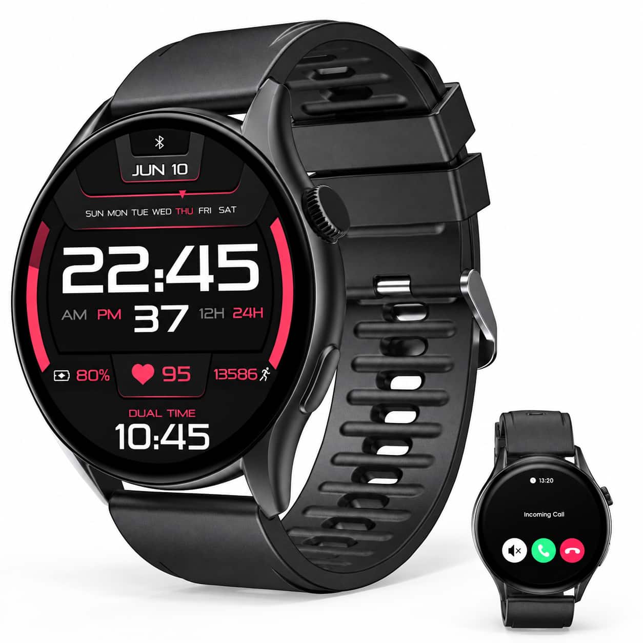 JUN 10  
MON TUE WED THU FRI SAT SUN  
22:45  
AM PM  
37  
12H 24H  
80%  
95  
13586  
DUAL TIME  
10:45  
Incoming Call  
13:20