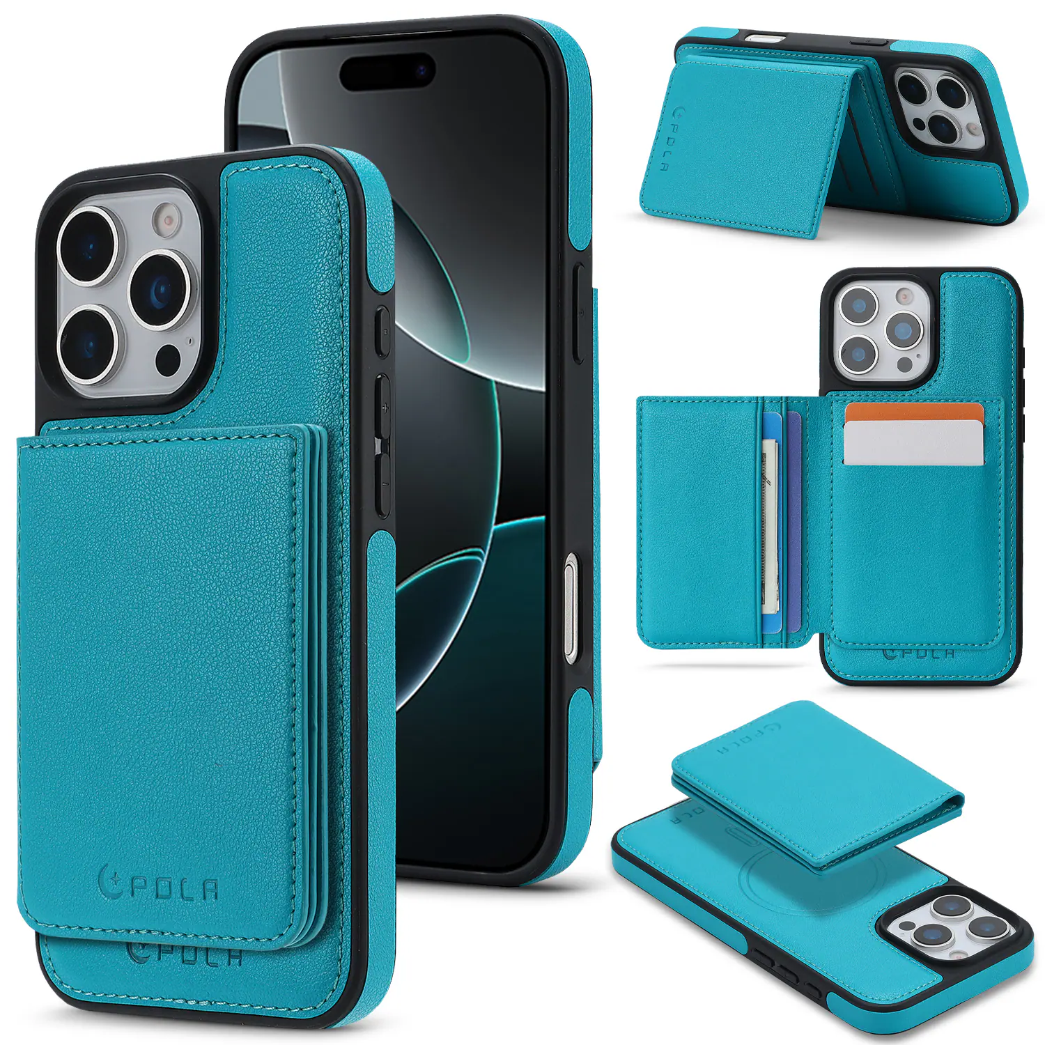 Dteck - Magnetic 2 in 1 Wallet Phone Case for Apple iPhone 16 Pro, Shockproof Slim Card Holder Kickstand Protective Cover - Blue