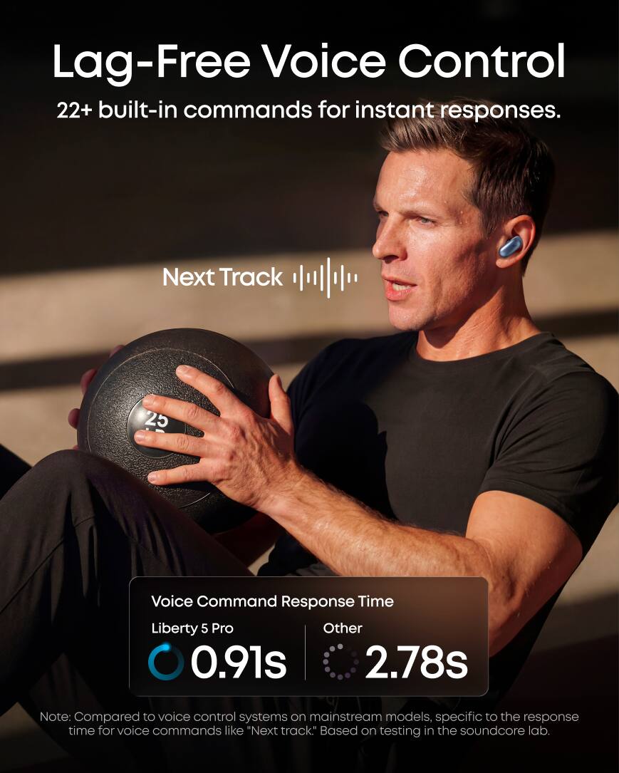 Lag-Free Voice Control  
22+ built-in commands for instant responses.  

Next Track  

Voice Command Response Time  
Liberty 5 Pro: 0.91s  
Other: 2.78s  

Note: Compared to voice control systems on mainstream models, specific to the response time for voice commands like "Next track." Based on testing in the soundcore lab.