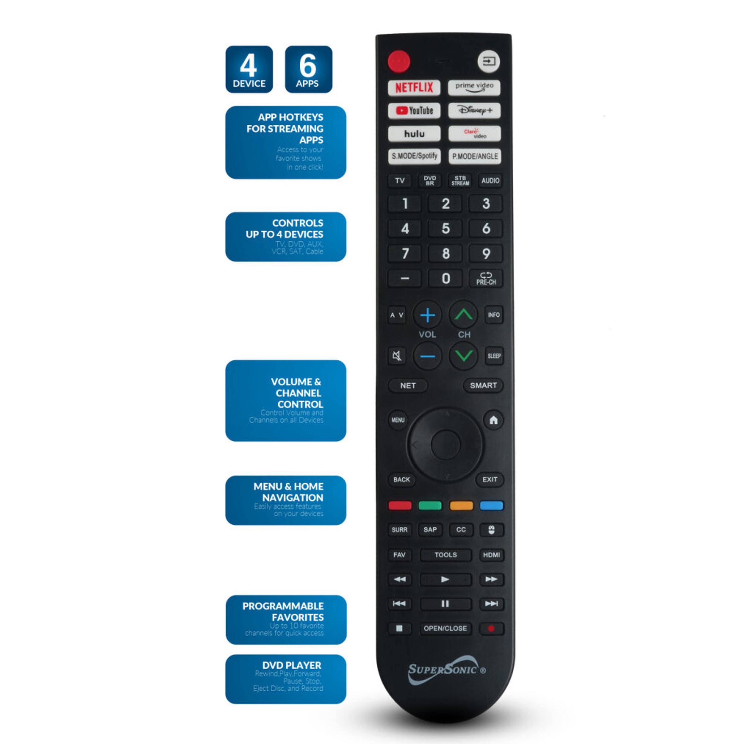 4 DEVICE 6 APPS  
NETFLIX prime video APPS  
HOTKEYS FOR STREAMING APPS  
Access to your favorite shows in one click!  
YouTube Disney+ Hulu Crackle  

S MODE/Spotify  
P MODE/ANGLE  

CONTROLS UP TO 4 DEVICES  
TV DVD AUX VCR SAT Cable  

VOLUME & CHANNEL CONTROL  
Control volume and channels on all devices  

MENU & HOME NAVIGATION  
Easily access features on your devices  

PROGRAMMABLE FAVORITES  
Lip to 10 favorite channels for quick access  

DVD PLAYER  
Rewind, Play, Forward and Pause. Eject Disc and Record  

SUPERSONIC