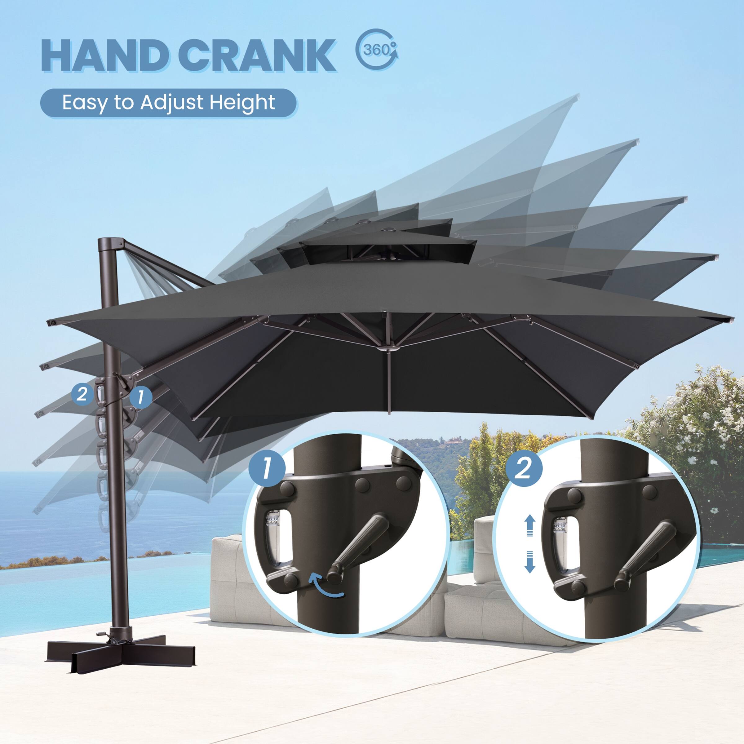 HAND CRANK  
Easy to Adjust Height  
360°  

1.  
2.