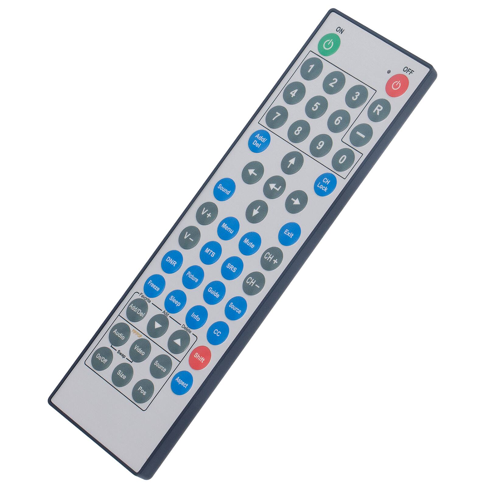 ON 1 2 4 3 5 R 7 6 8 - Addi Del 9 0 OFF Sound V+ + Menu Exit V- Mute MTS CH DNR + SRS Picture CH Freeze - Tavorte Guide Sleep Add/Del Aod Source Info Audio 9 Deiets CC Swap Video On/Oft Shift Source Size Aspect Pos CH Lock