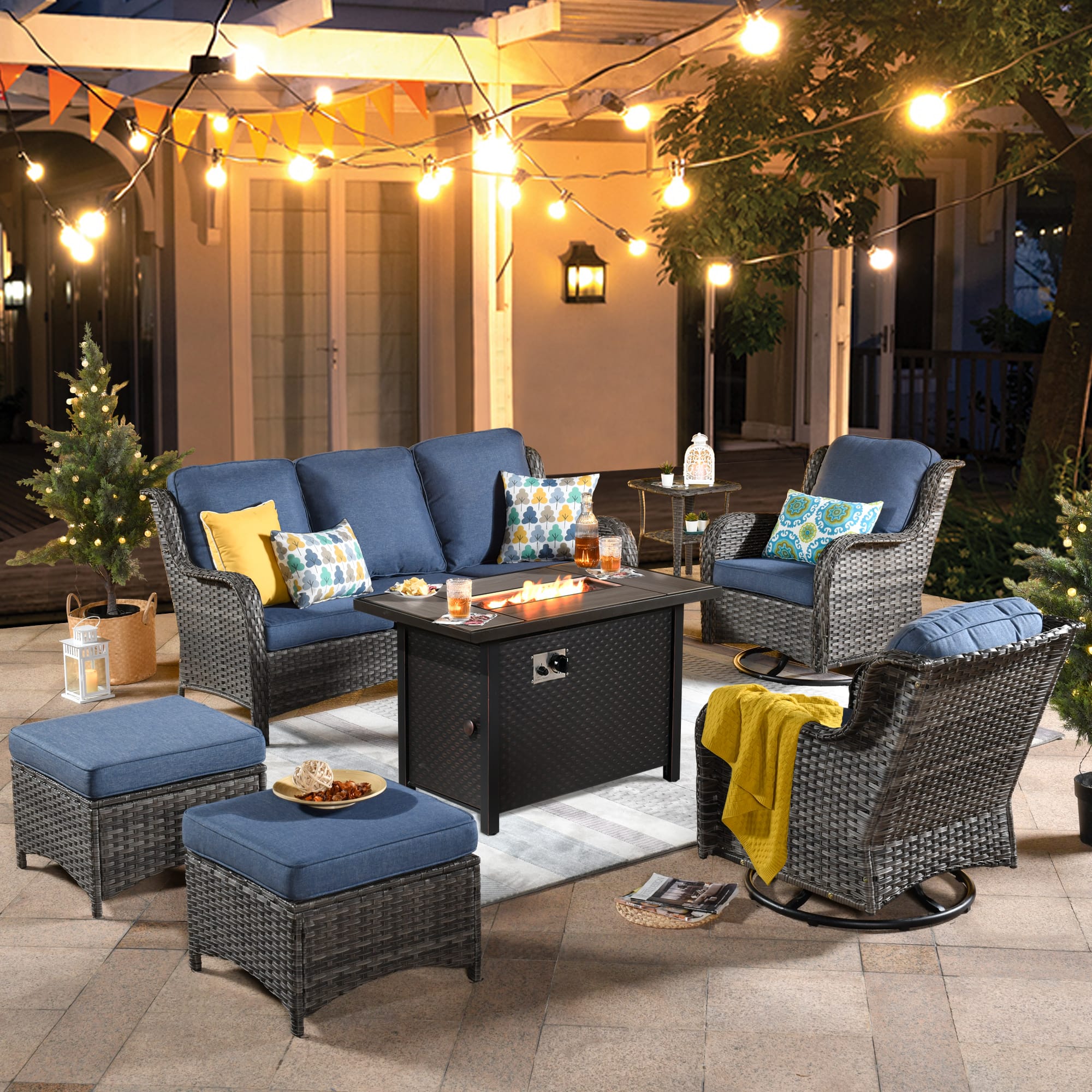 Ovios - 7 PCS Patio Furniture High Back Sofa Set with 42" Fire Pit Table, Swivel Chairs & Ottoman - Denim Blue(Gray Wicker)