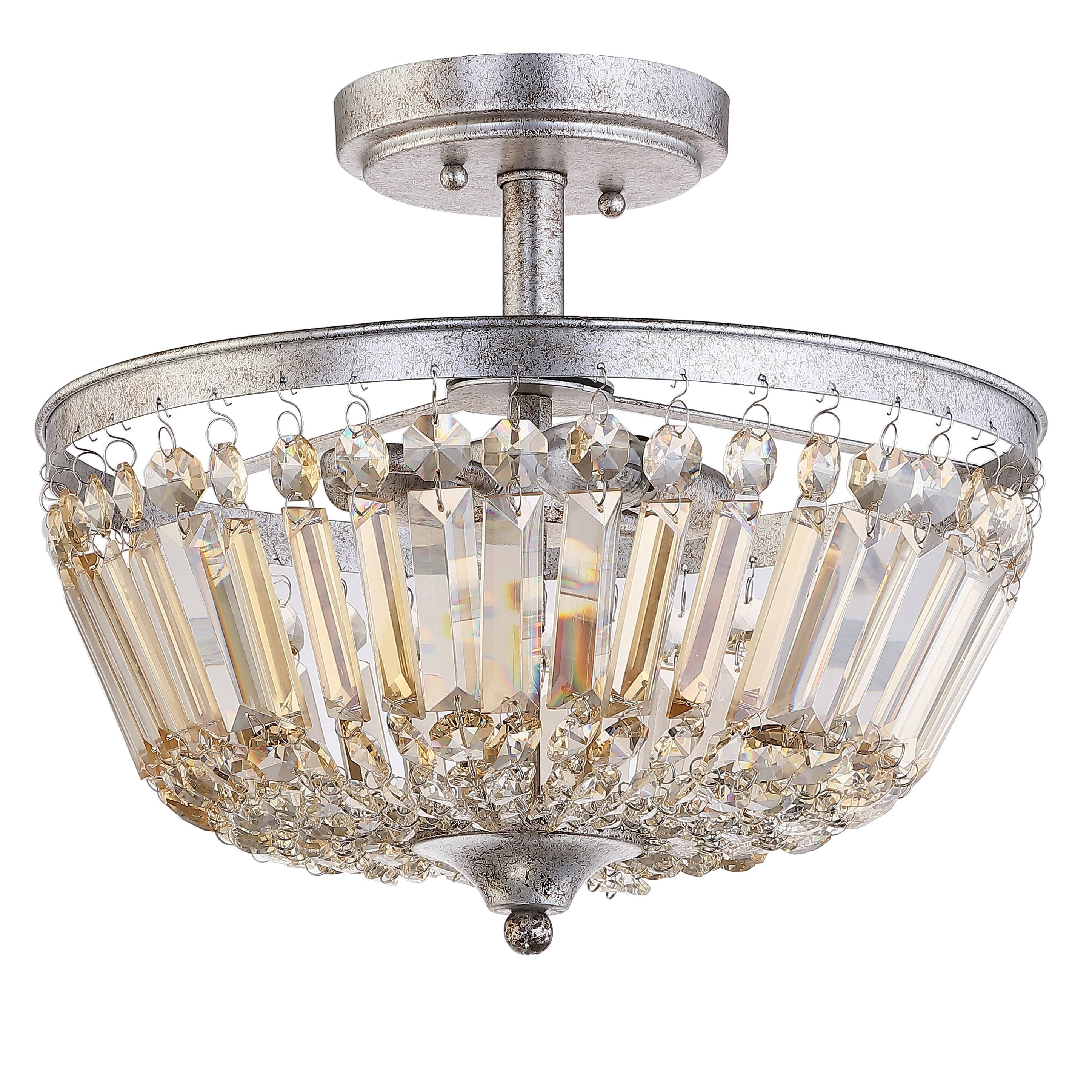 Alt View 7. Jonathan Y - Caleb 14.2" 3-Light Crystal / Metal LED Semi-Flush Mount, Antique Silver/Amber - Antique Silver/Amber.