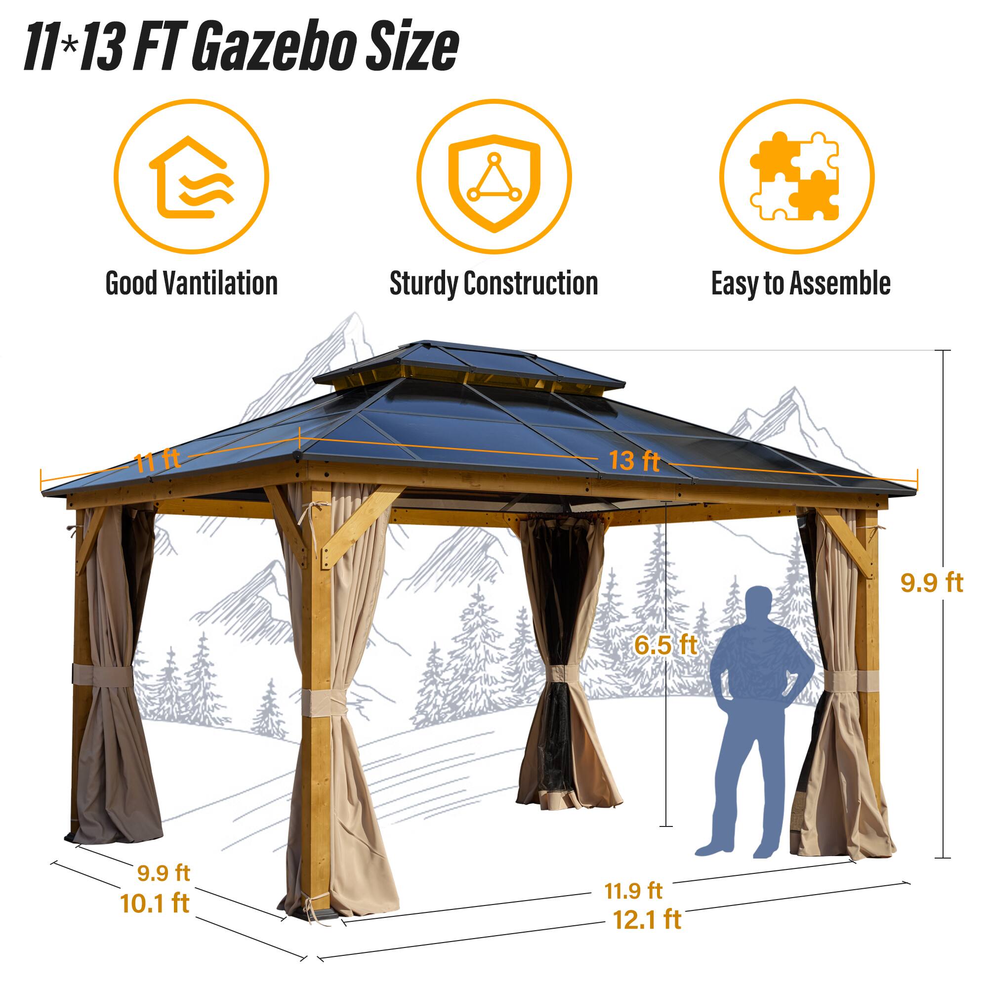 11*13 FT Gazebo Size, Good Vantilation, Sturdy Construction, Easy to Assemble, 11 ft, 13 ft, 9.9 ft, 6.5 ft, 9.9 ft, 10.1 ft, 11.9 ft, 12.1 ft