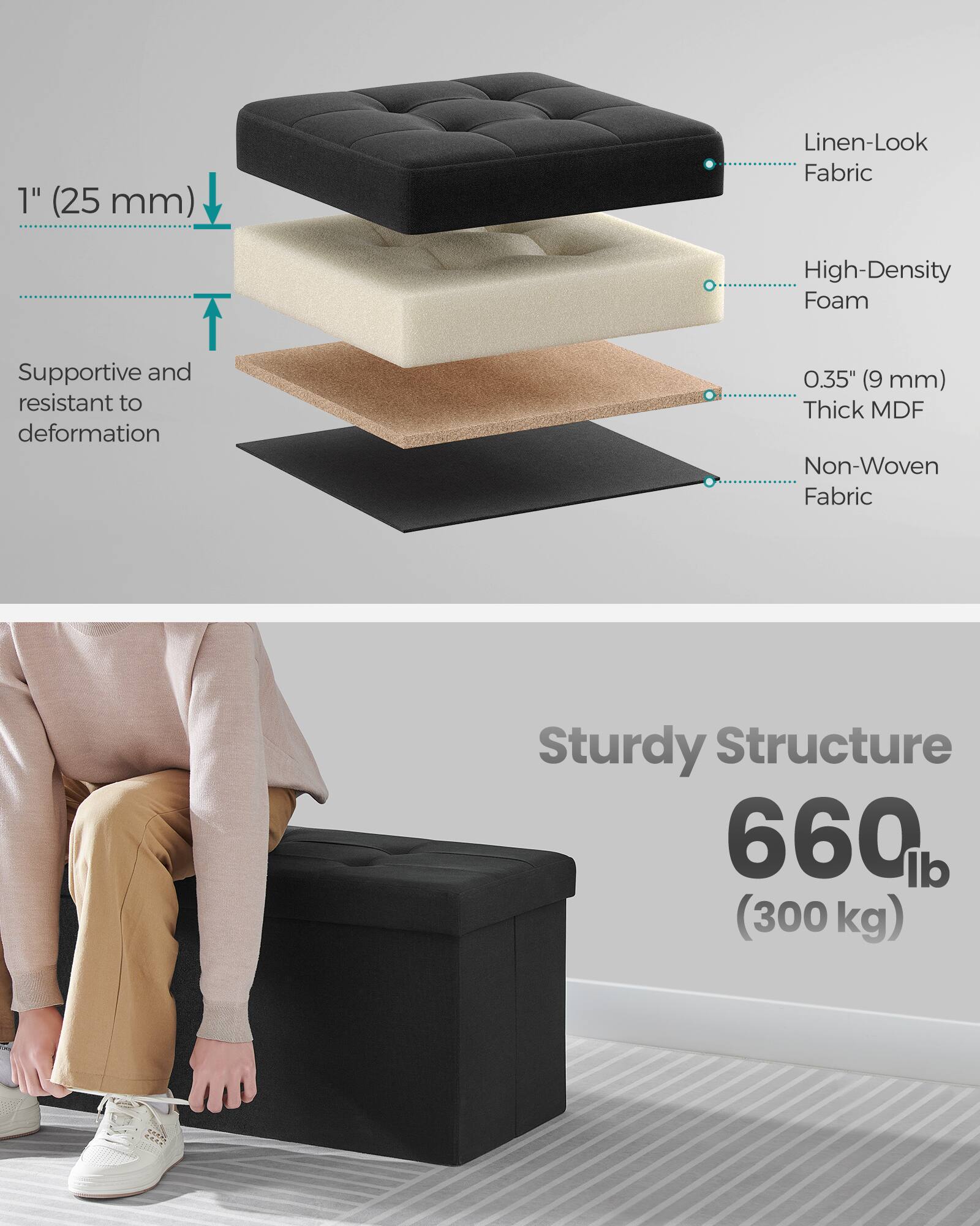 - **Linen-Look Fabric**
- **High-Density Foam**
- **0.35" (9 mm) Thick MDF**
- **Non-Woven Fabric**
- **Sturdy Structure**
- **660 lb (300 kg)**
- **1" (25 mm)**
- **Supportive and resistant to deformation**