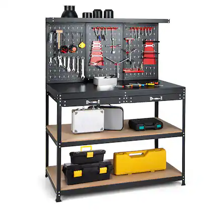 Front. Gymax - Gymax 48'' Workbench Multipurpose Garage Worktable w/ Peg Board Hook Kit & Drawers - Black.