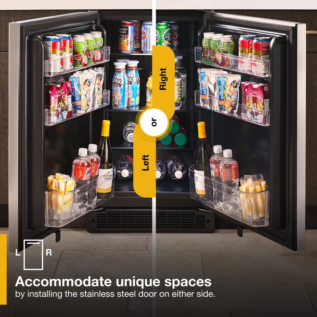 Accommodate unique spaces by installing the stainless steel door on either side.