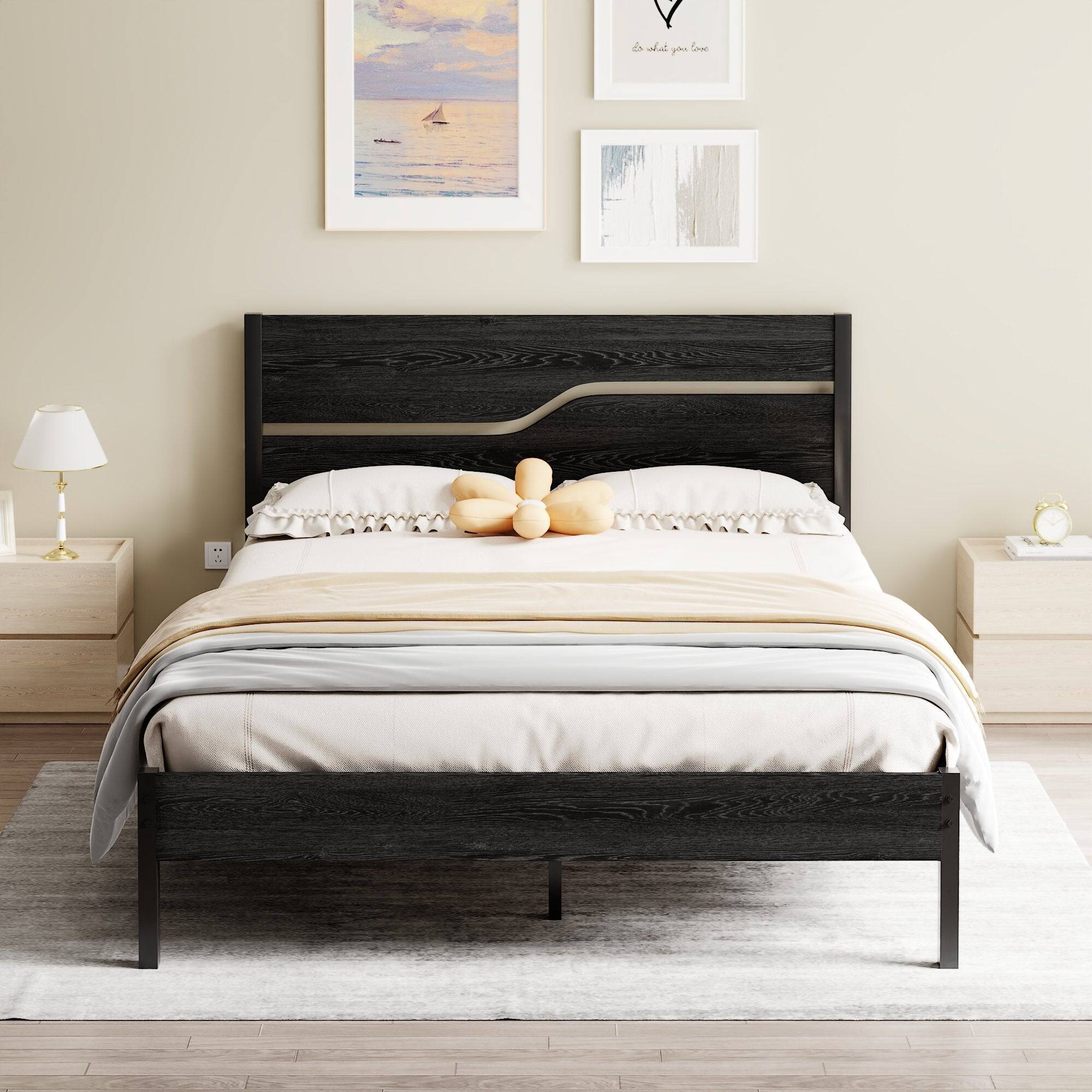 Front. Vecelo - Full Size Bed Frame with Wood Headboard, Heavy Duty Metal Platform with Storage, Noise-Free, No Box Spring Needed - Brown.