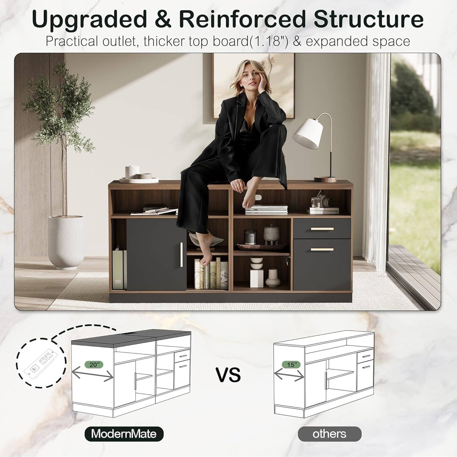 ModernMate - Home Office Furniture Set, 114\" Standing Desk with 2 File Cabinets, AC/USB, Electric Height Adjustable