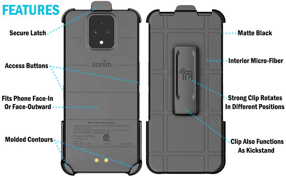 FEATURES
- Secure Latch
- Matte Black
- Access Buttons
- Interior Micro-Fiber
- Fits Phone Face-In Or Face-Outward
- Strong Clip Rotates In Different Positions
- Molded Contours
- Clip Also Functions As Kickstand