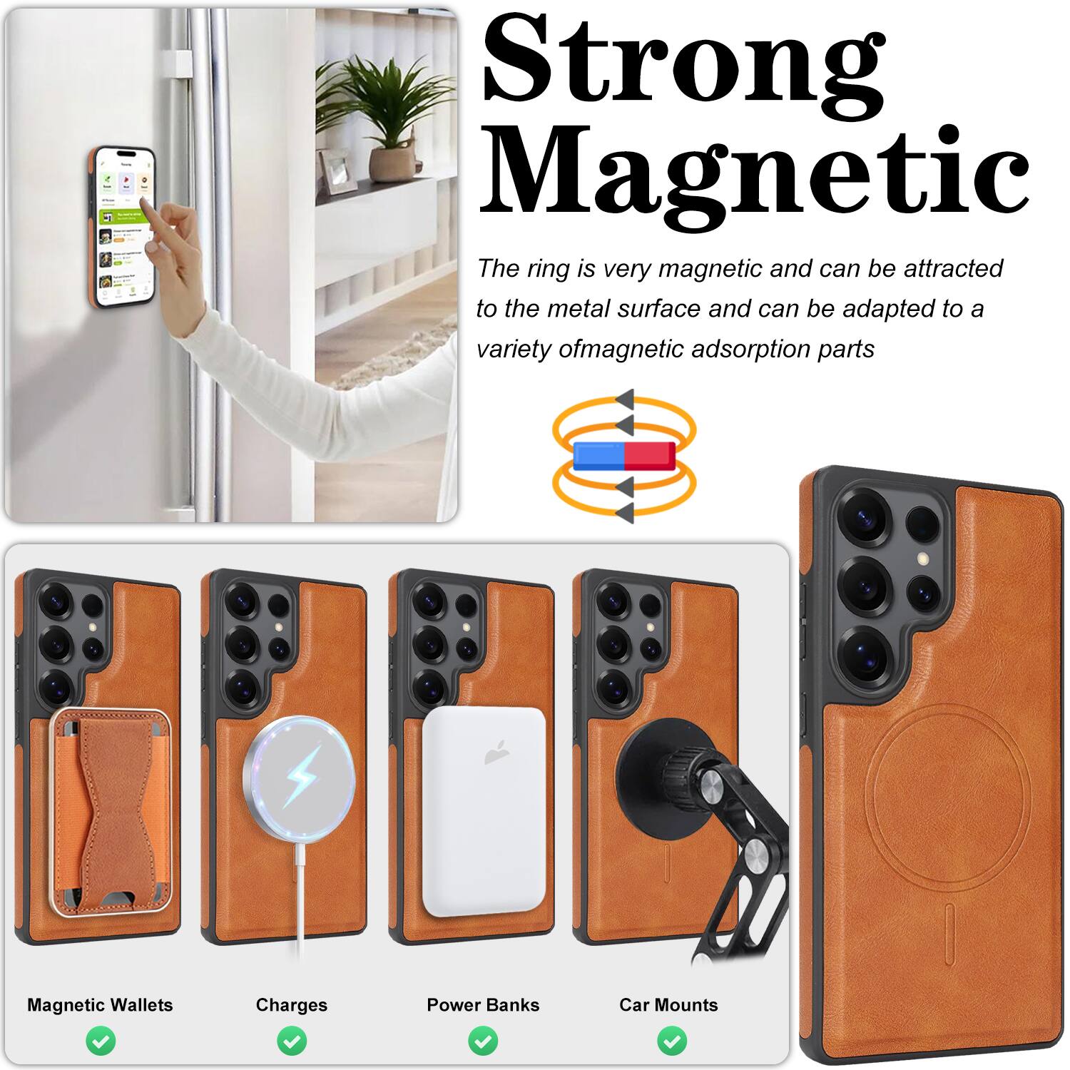 Strong Magnetic  
The ring is very magnetic and can be attracted to the metal surface and can be adapted to a variety of magnetic adsorption parts.

- Magnetic Wallets
- Charges
- Power Banks
- Car Mounts