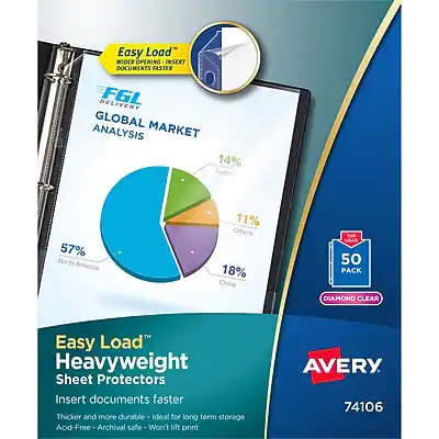 Easy Load™
WIDER OPENING INSERT DOCUMENTS FASTER
FGI GLOBAL MARKET ANALYSIS
14% Europe
57% North America
11% Others
18% China
Easy Load™ Heavyweight Sheet Protectors
Insert documents faster
Thicker and more durable - Ideal for long term storage
Acid-Free - Archival safe - Won't lift print
DIAMOND CLEAR
50 PACK
AVERY
74106