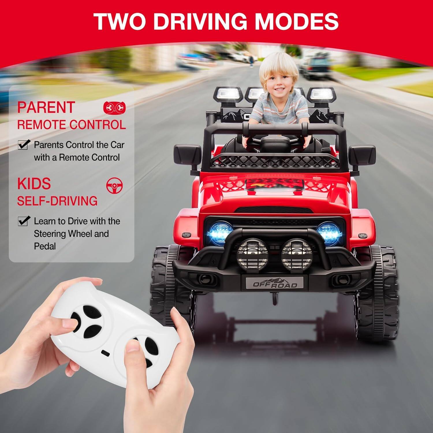 TWO DRIVING MODES

PARENT REMOTE CONTROL
- Parents Control the Car with a Remote Control

KIDS SELF-DRIVING
- Learn to Drive with the Steering Wheel and Pedal