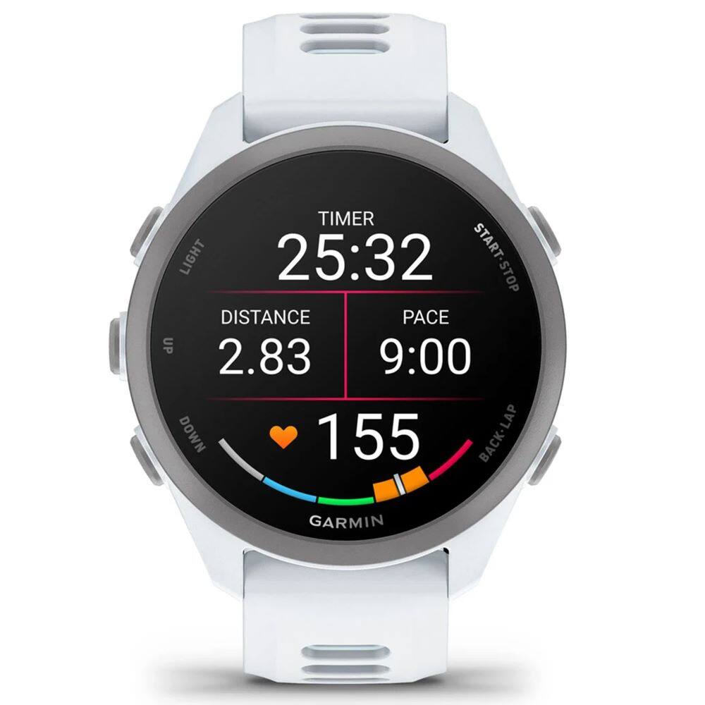 TIMER 25:32 LIGHT START-STOP DISTANCE 2.83 PACE 9:00 DOWN 155 BACK-LAP GARMIN