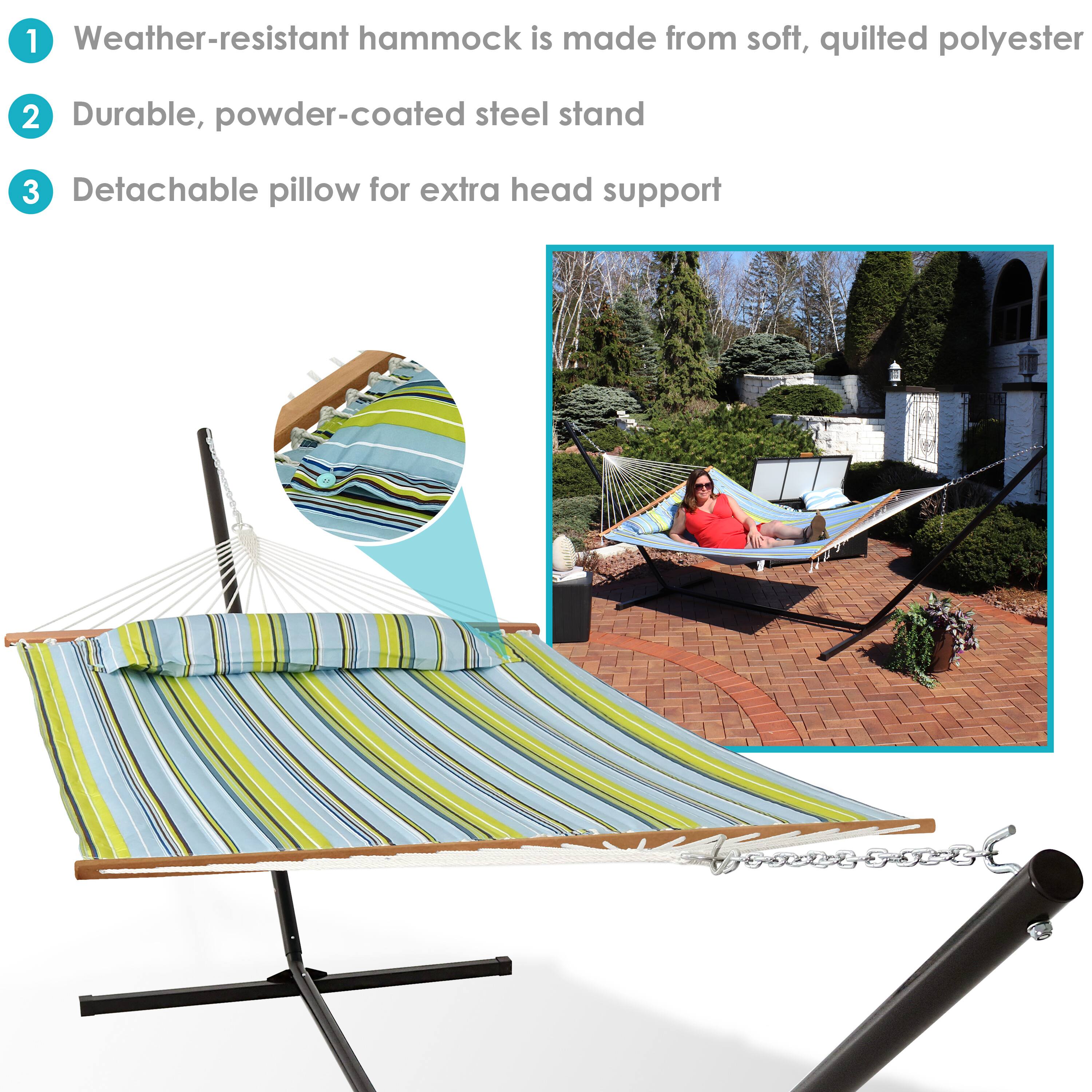 1. Weather-resistant hammock is made from soft, quilted polyester  
2. Durable, powder-coated steel stand  
3. Detachable pillow for extra head support
