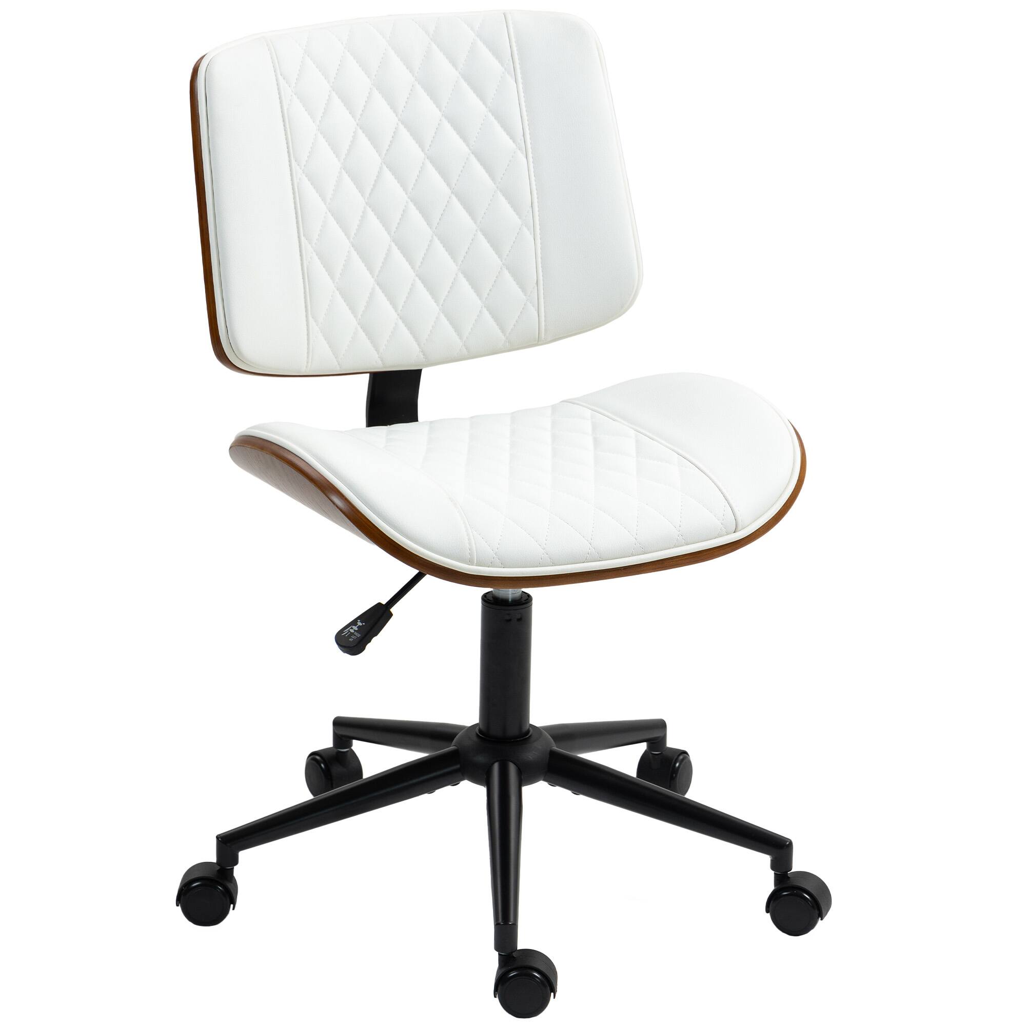 Homcom - Home Office Chair No Arms with Wheels, PU Leather Mid Back Small Desk Chair with Adjustable Height - White