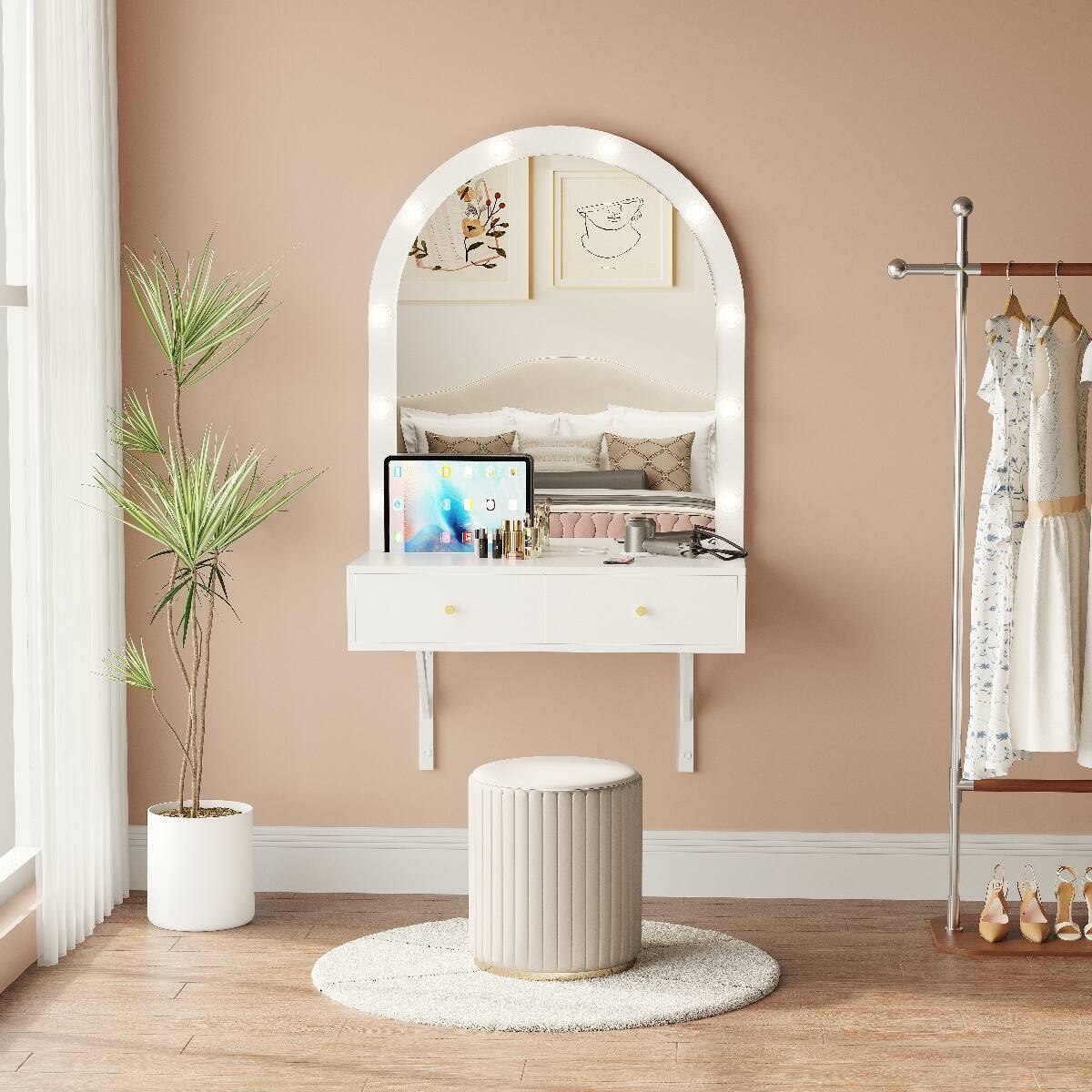 Back. Loheer - Loheer Floating Makeup Vanity Desk with Mirror and Lights, White Wall Mounted Vanity Desk - White.