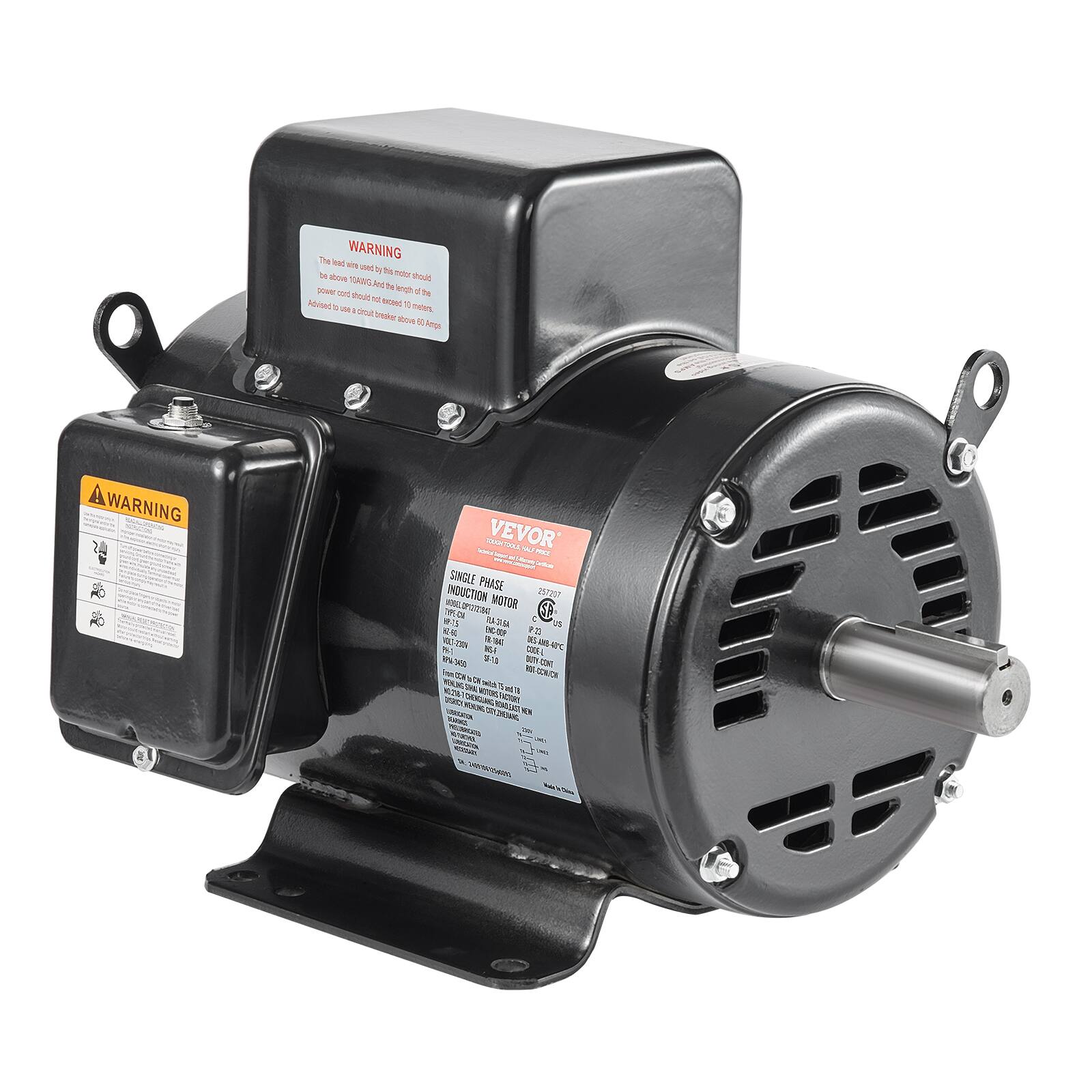 The and WARNING sign point by 1g hotor to about srout 10AWG kcal) be power cod bluark 5 TE 10 Anceed Advited of 10 meters. W a crcat binestires total 80 Amps,

WARNING
VEVOR NO PEKE SINGLE PHASE INDUCTION MOTOR 257057 TYPE-CM MINIRAL 18.15 RA3LA US DNC- 0% VIZ-750V 18-1847 19-7 CODE-L 8P% 30 CONT Kid 75 ml 78 NEW