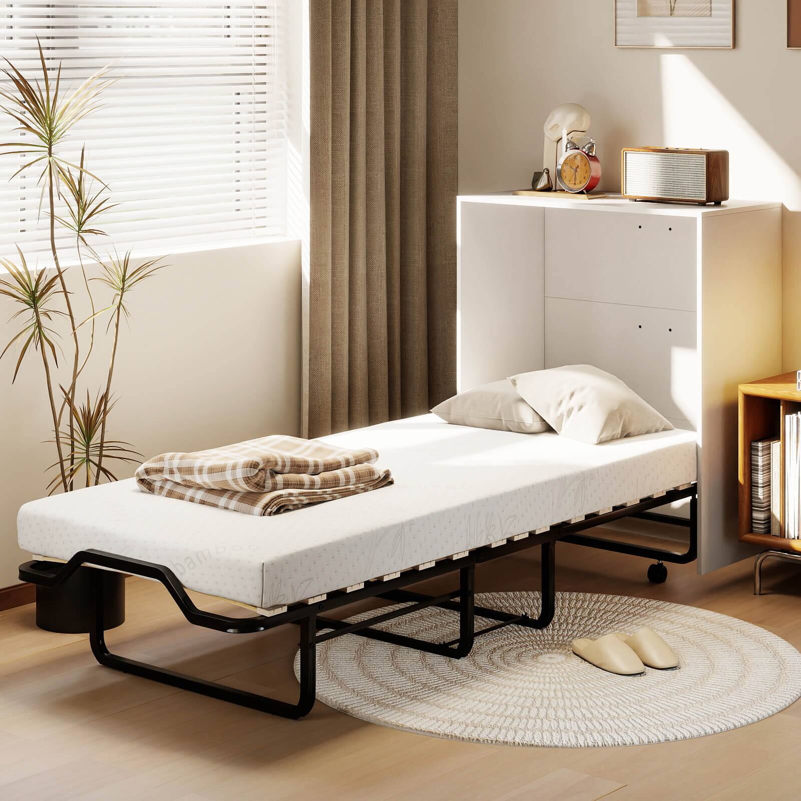 Alt View 3. Costway - Costway Murphy Bed Cabinet with Mattress & Lockable Wheels, Folding Bed for Small Space - White & Black.