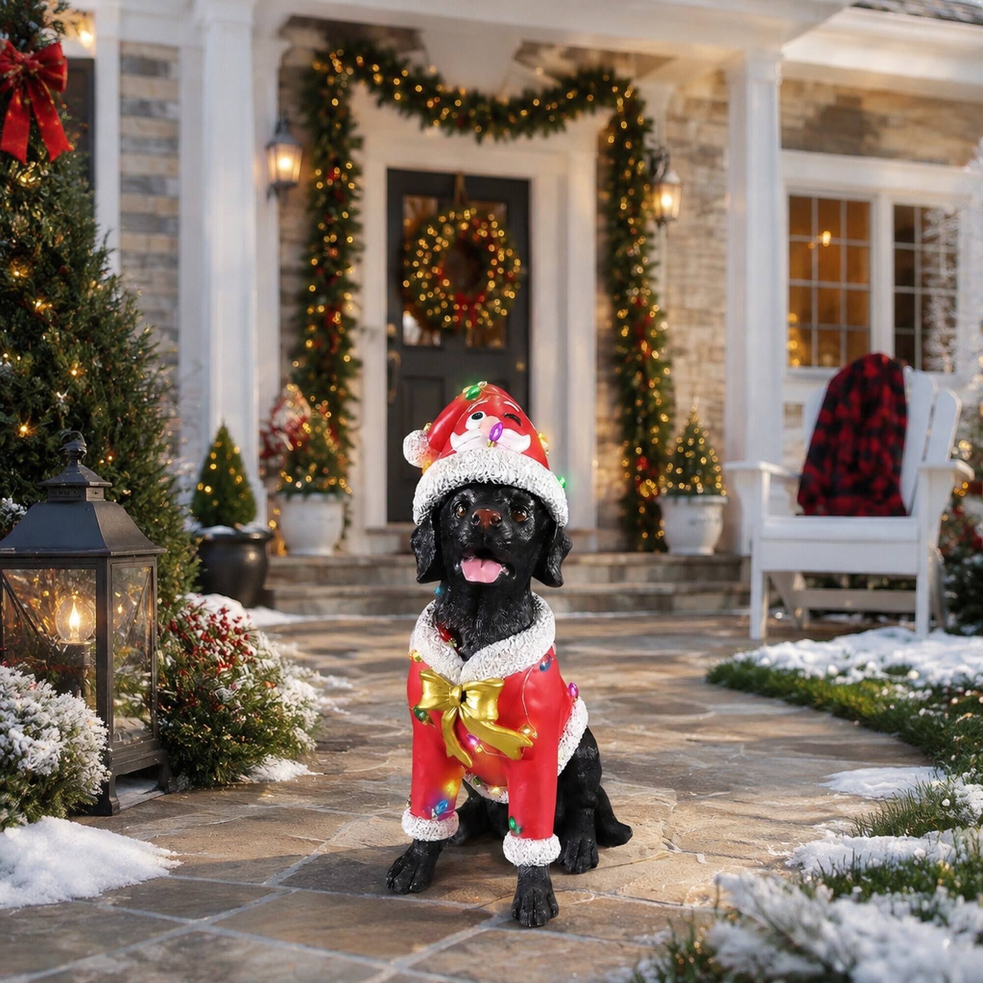 Left. RYHNUYNE - Black Labrador Retriever Christmas Statue in Santa Outfit with Holiday Accents for Festive Home Display - Black.