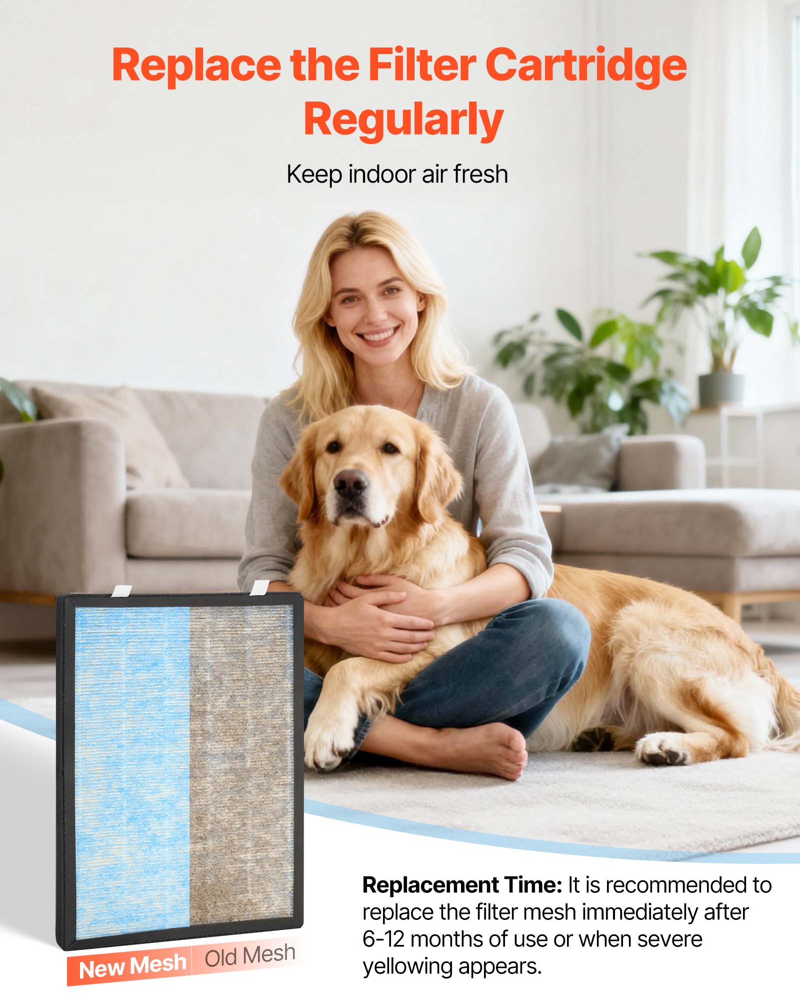 Replace the Filter Cartridge Regularly  
Keep indoor air fresh  

Replacement Time: It is recommended to replace the filter mesh immediately after 6-12 months of use or when severe yellowing appears.
