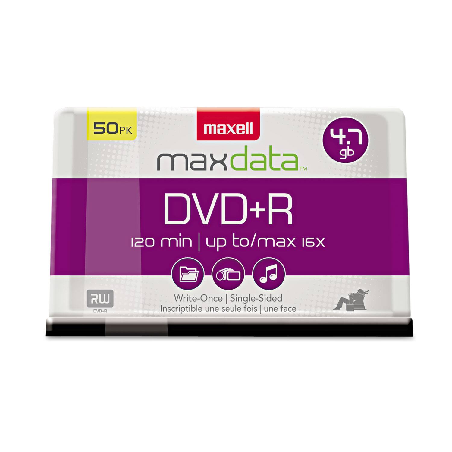 50 PK  
maxell  
maxdata™  
DVD+R  
120 min | up to/max 16X  
RW DVD-R  
Write-Once | Single-Sided  
Inscriptible une seule fois | une face