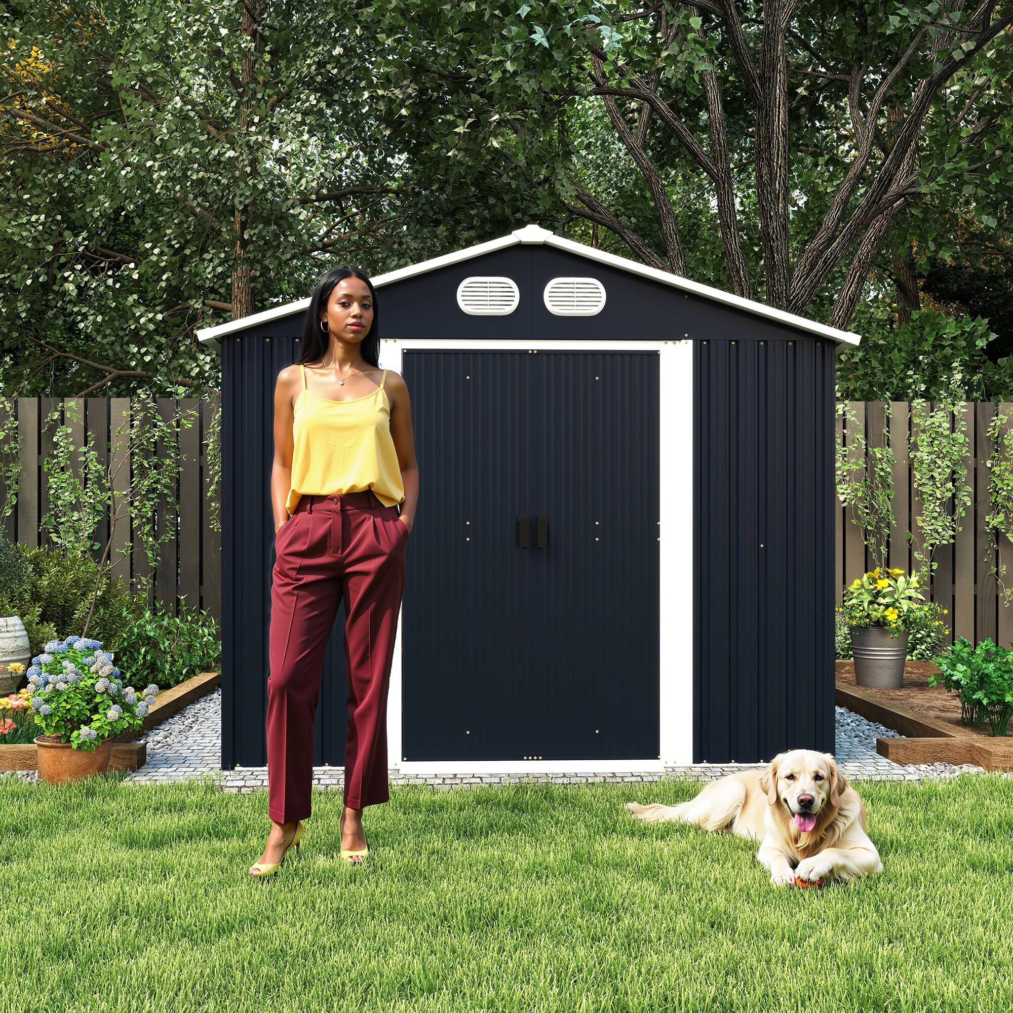 Back. Anysun - 8x12ft Metal Storage Shed with Lockable Door & Ventilation, Heavy-Duty Outdoor Garden Tool Shed for Backyard or Lawn - Dark Gray.