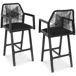 Best Choice Products - Set of 2 Indoor/Outdoor Aluminum, Woven Rope Swivel Barstools w/ Armrests - Black/Obsidian