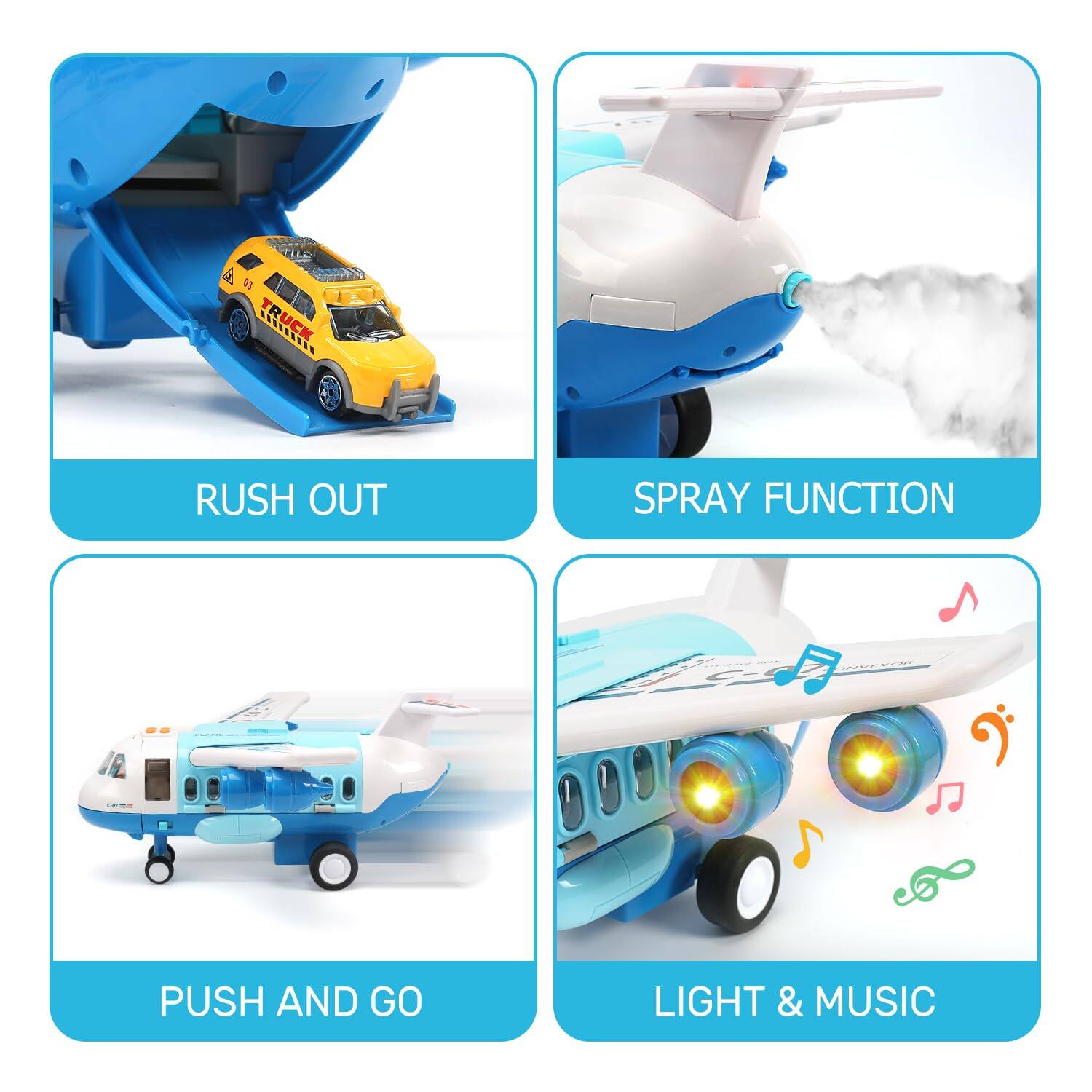 A CO is TRUCKS

RUSH OUT
SPRAY FUNCTION
PUSH AND GO
LIGHT & MUSIC