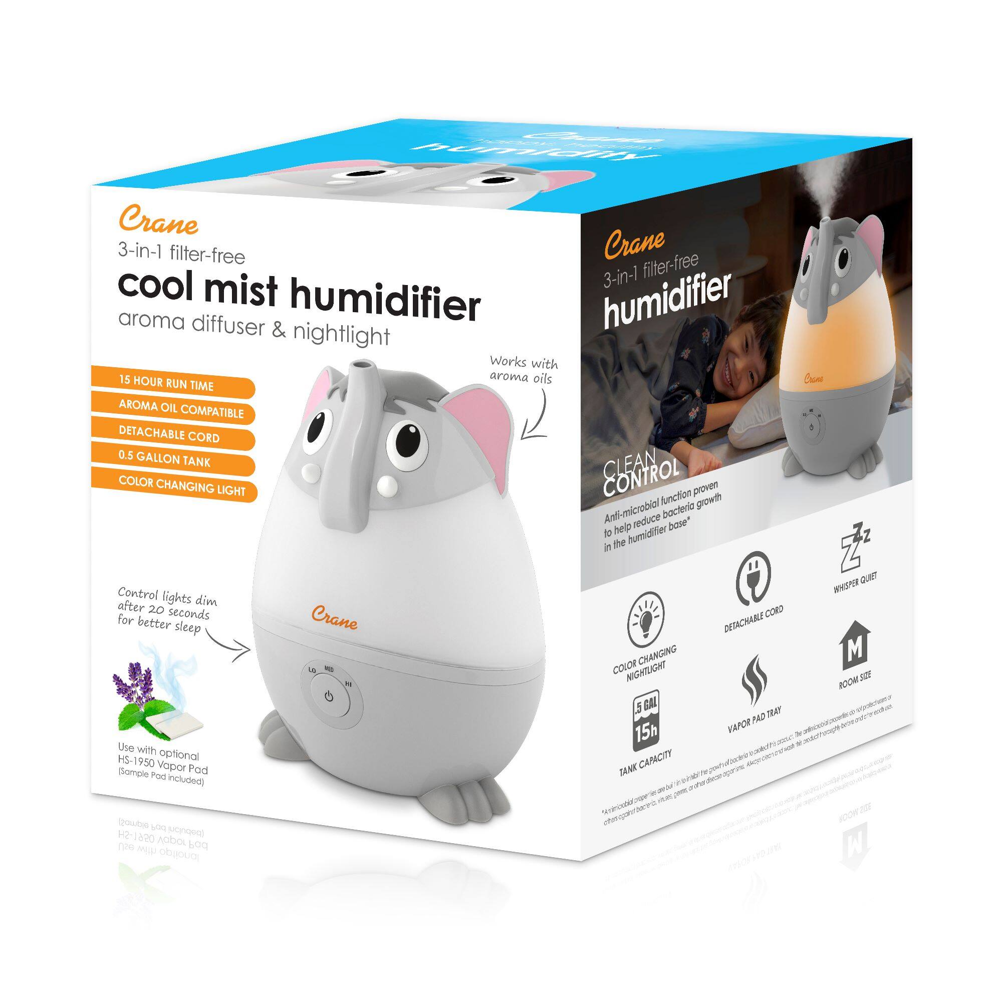 Alt View 11. CRANE - Mini Elephant 0.5 Gallon Cool Mist Humidifier - Gray.