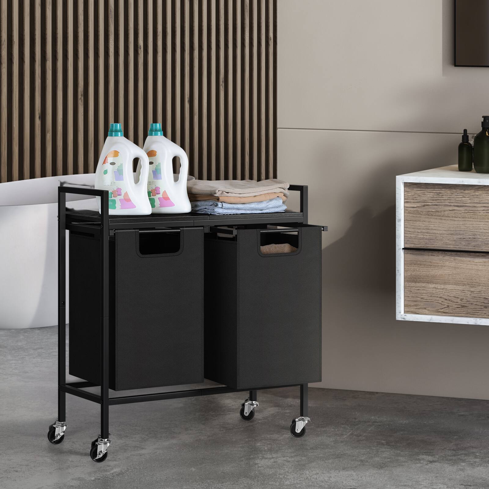Alt View 1. Oumilen - 2-Section Rolling Laundry Hamper Cart – Metal Sorter with Removable Bags & Top Shelf, Black - Black.