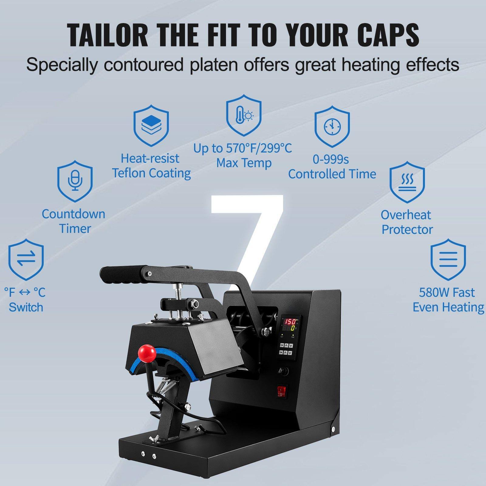 TAILOR THE FIT TO YOUR CAPS  
Specially contoured platen offers great heating effects  

- Heat-resist Teflon Coating  
- Up to 570°F/299°C Max Temp  
- 0-999s Controlled Time  
- Countdown Timer  
- Overheat Protector  
- 580W Fast Even Heating  
- °F ↔ °C Switch