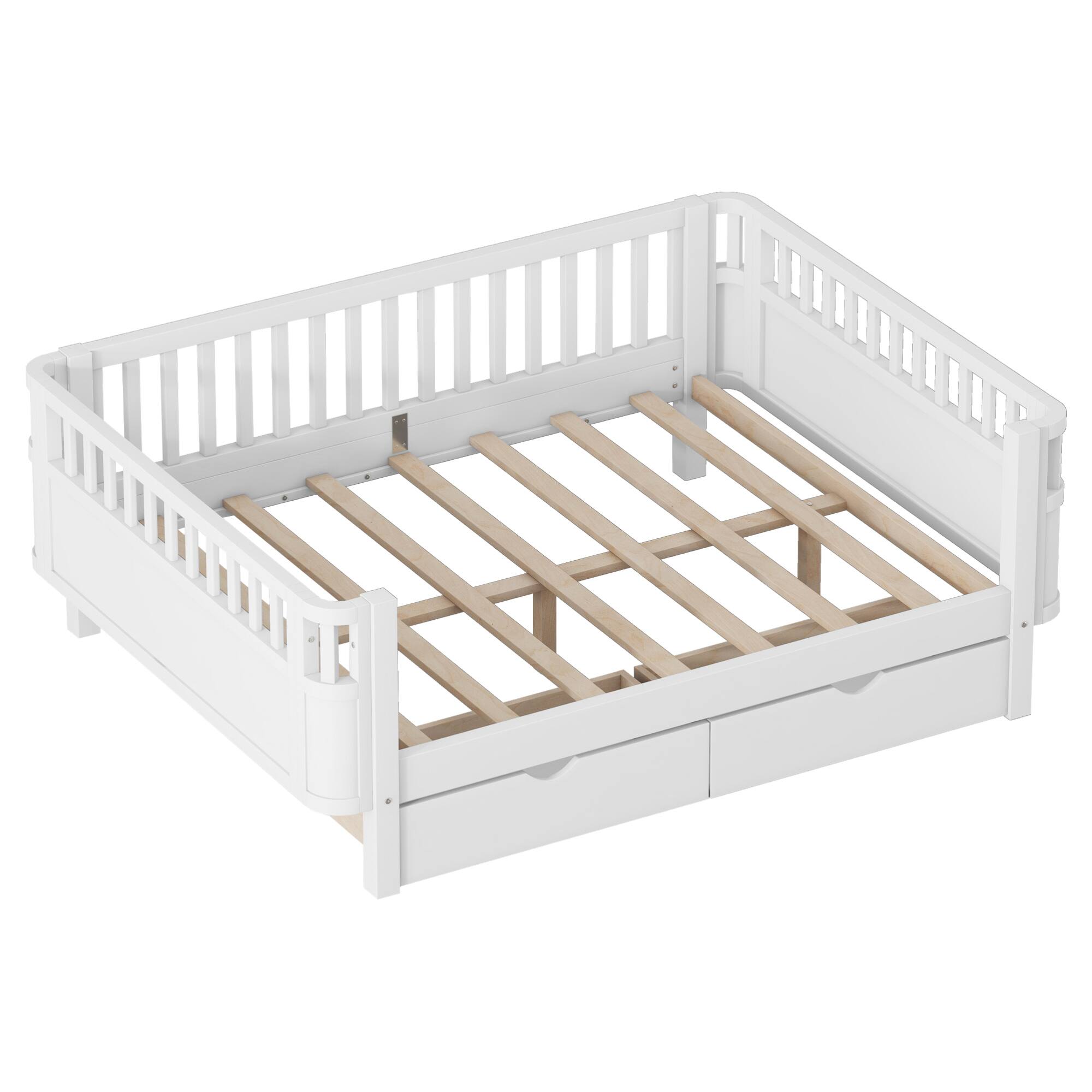 Alt View 1. GOODSILO - Full Size Wood Platform Bed with Safety Rails for Children's Rooms, Sturdy Low Profile Design for Kids and Teens - White.