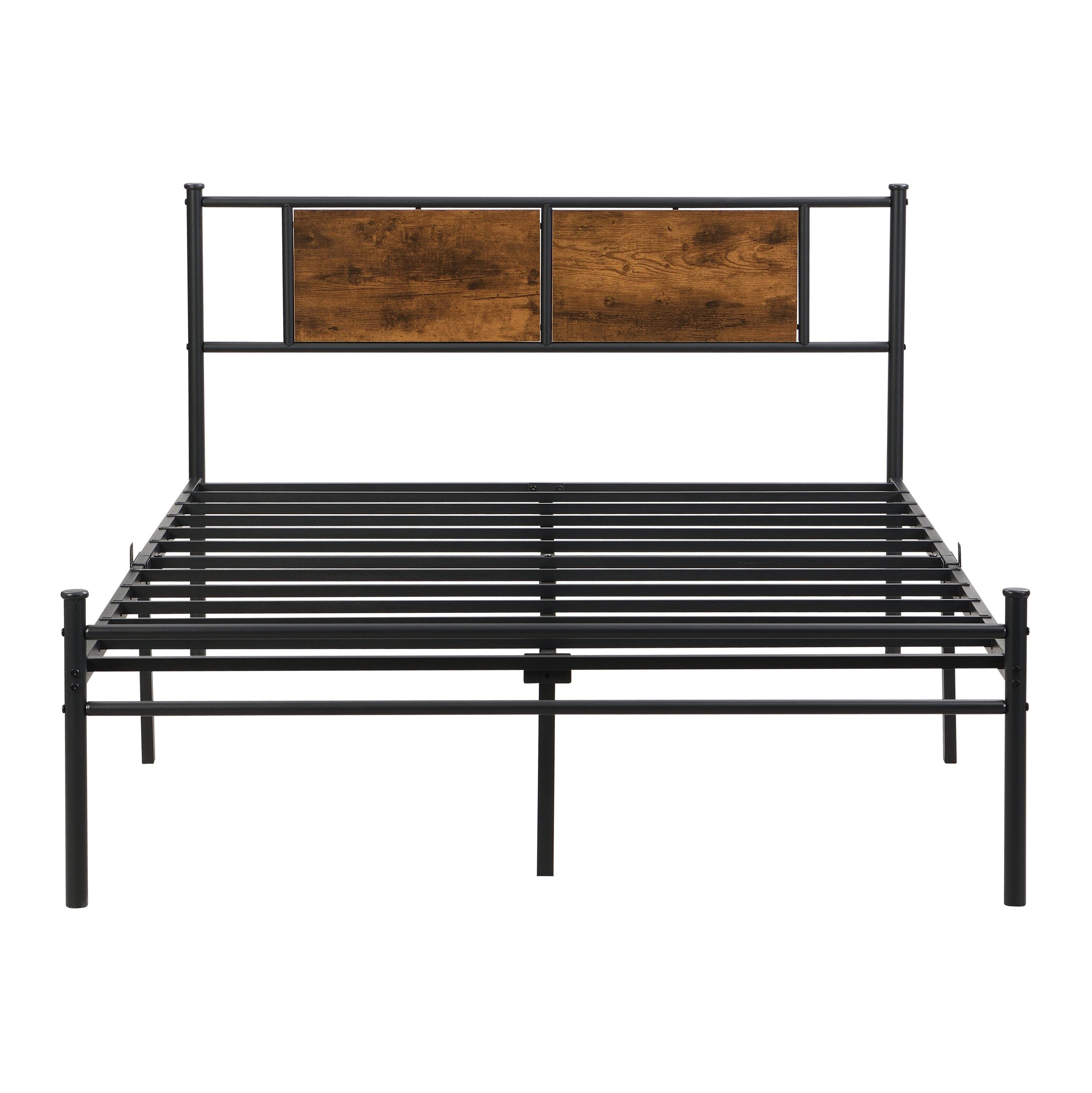 Back. LUCKY ONE - King Size Metal Bed Frame with Wood Panel Headboard, Steel Structure - Black+Brown.