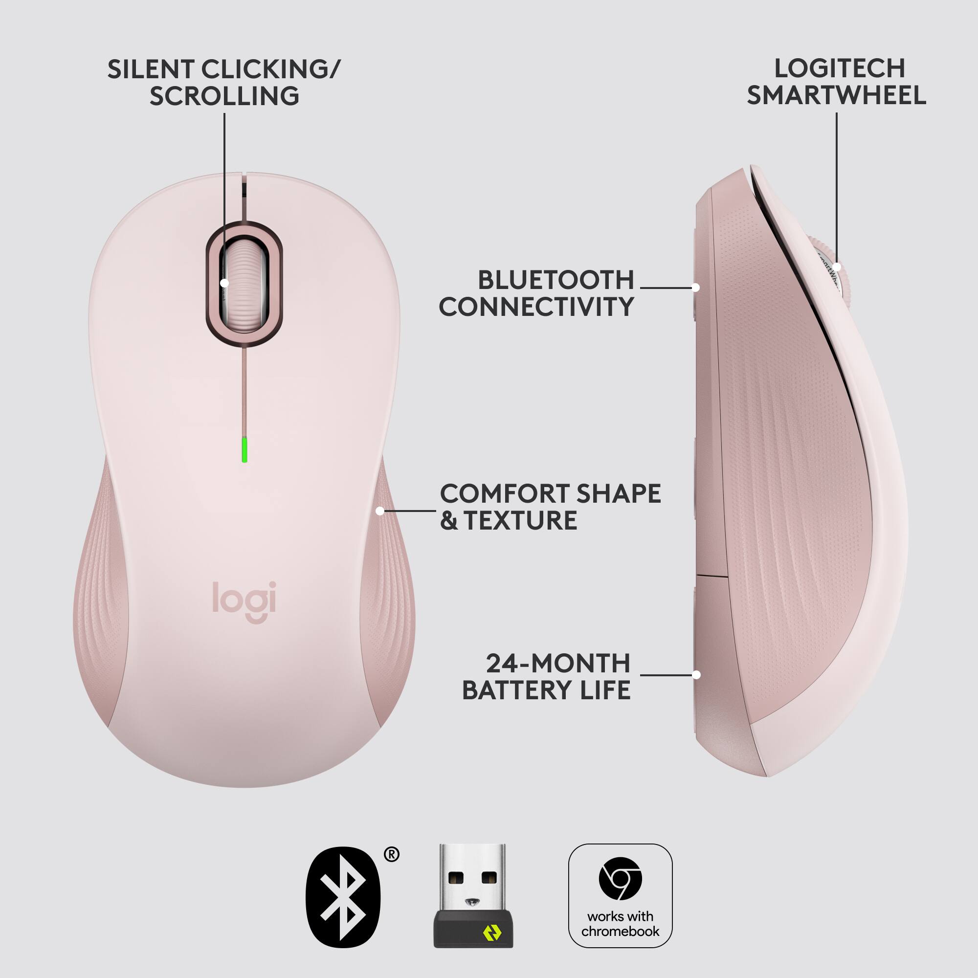 The image features a pink Logitech mouse with a blue tooth and smart wheel. The mouse is designed for silent clicking and scrolling, providing a comfortable shape and texture. It has a 24-month battery life and is compatible with Chromebooks.