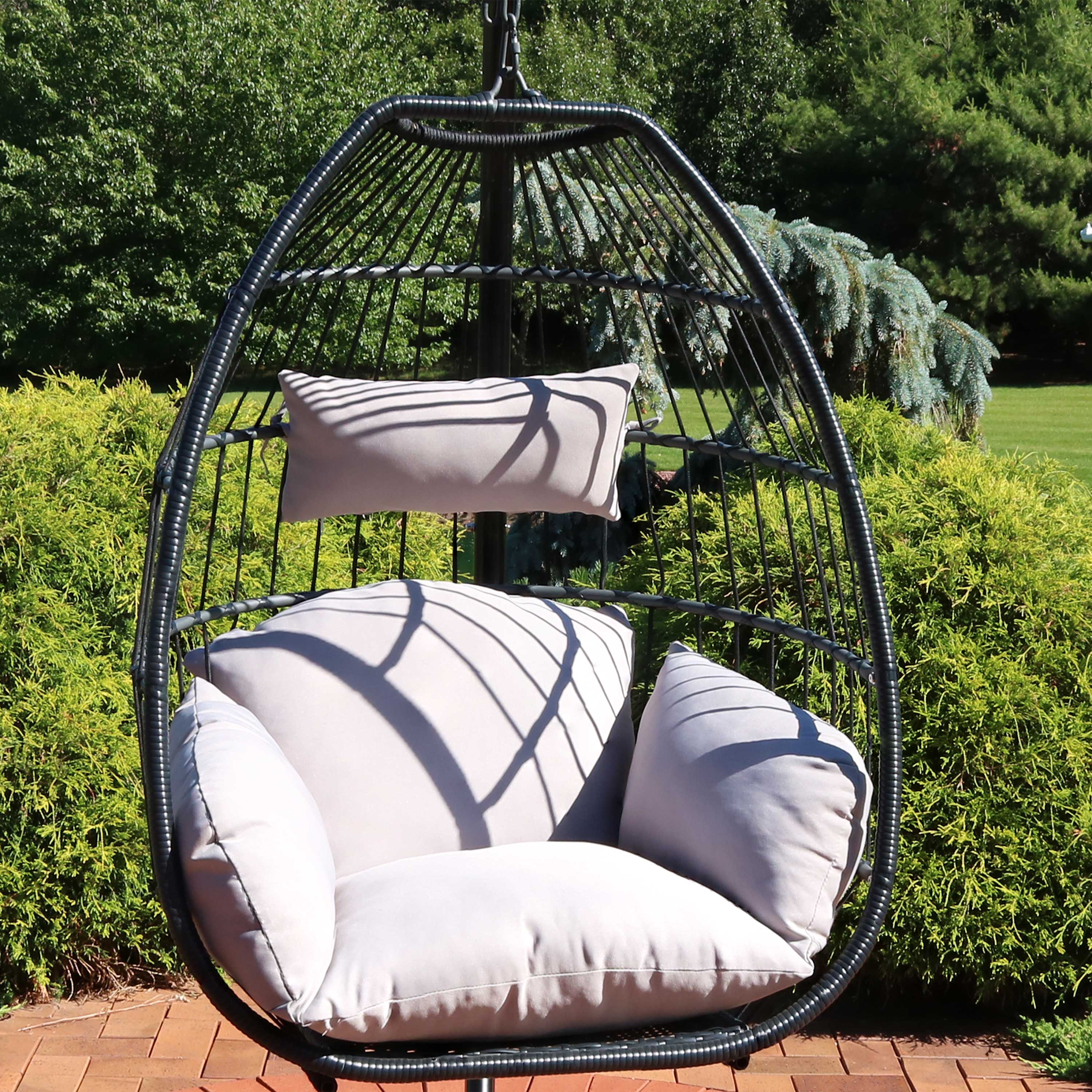 Alt View 4. Sunnydaze - Large Black Resin Wicker Hanging Egg Chair with Cushions - Grey.
