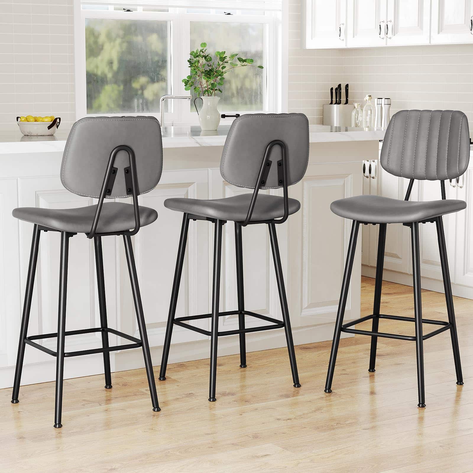 JETRANSPORT - 24-inch Leather Bar Stools Counter Height Barstools With High Backrest Chairs For Kitchen Island Heavy - Grey 29 Inch - 3 Pack