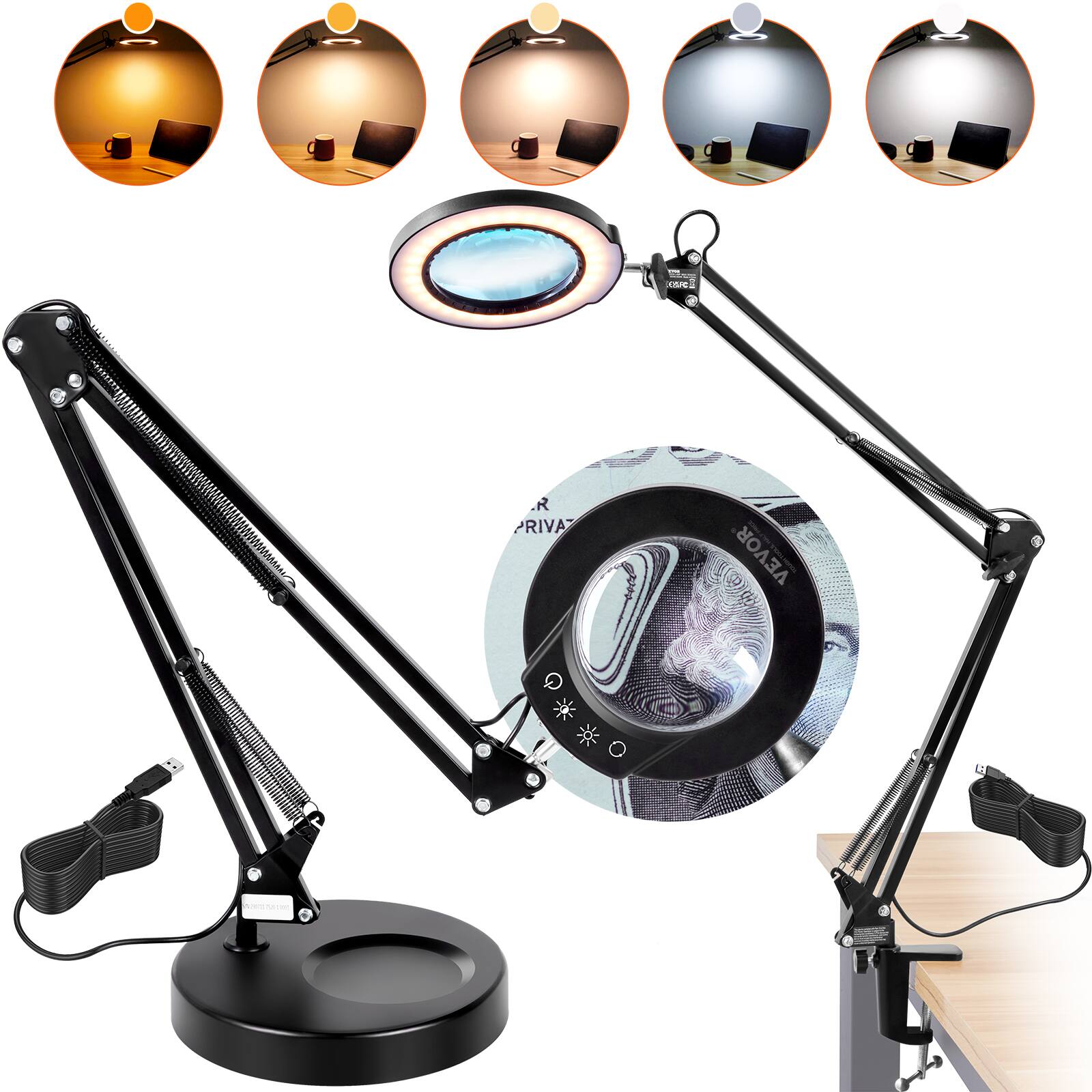 VEVOR - Magnifying Glass with Light and Stand, 5X Magnifying Lamp, 4.3" Glass Lens, Base and Clamp 2-in-1 Desk Magnifier - Black