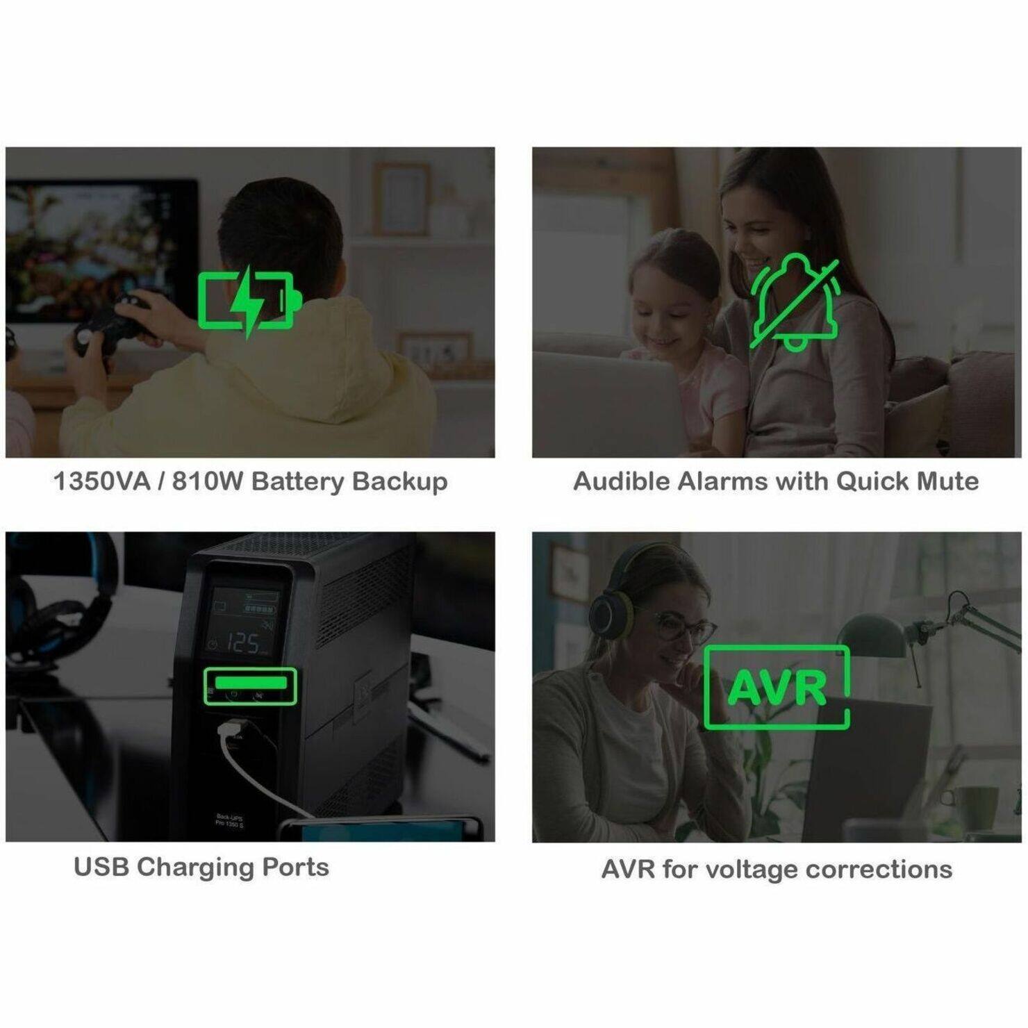1350VA / 810W Battery Backup  
Audible Alarms with Quick Mute  
USB Charging Ports  
AVR for voltage corrections