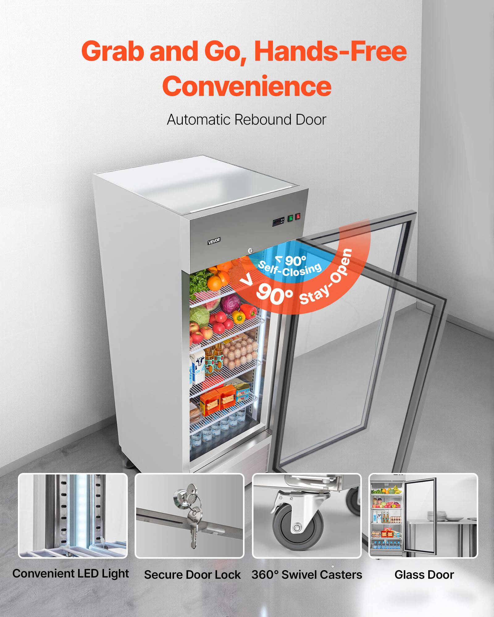 Grab and Go, Hands-Free Convenience  
Automatic Rebound Door  

- Self-Closing > 90° Stay-Open  
- Convenient LED Light  
- Secure Door Lock  
- 360° Swivel Casters  
- Glass Door