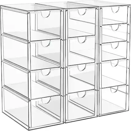 Front. RTMB - 3-Pack Acrylic Makeup Organizer, 13 Drawers, Clear Desk Storage.