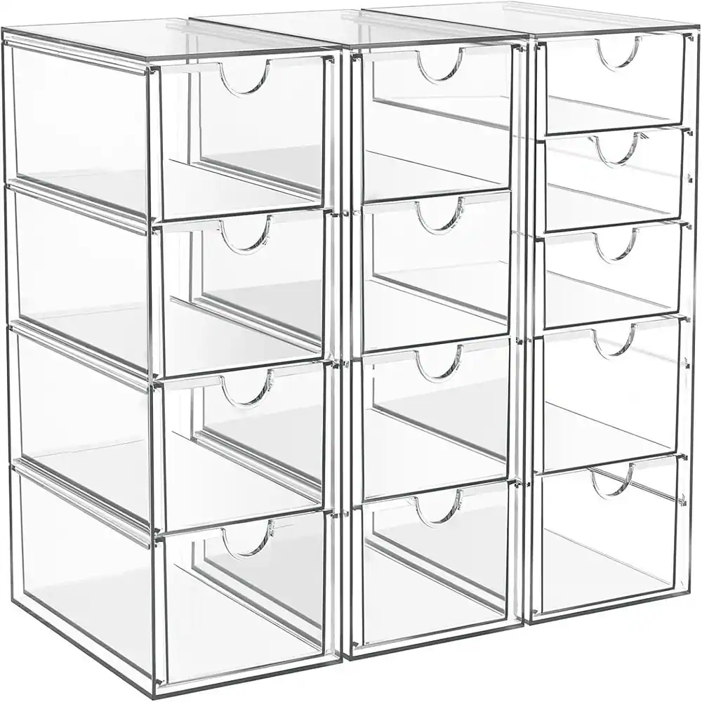 Front. RTMB - 3-Pack Acrylic Makeup Organizer, 13 Drawers, Clear Desk Storage.