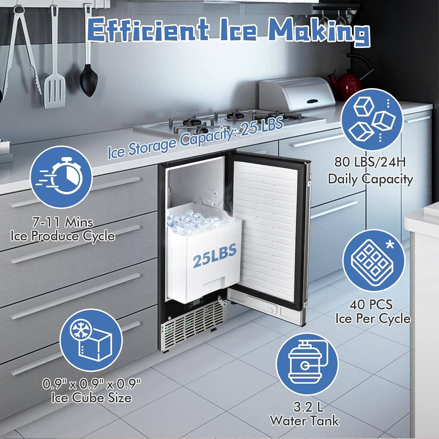 Efficient Ice Making

- Ice Storage Capacity: 25 LBS
- 80 LBS/24H Daily Capacity
- 7-11 Mins Ice Produce Cycle
- 40 PCS Ice Per Cycle
- 0.9" x 0.9" x 0.9" Ice Cube Size
- 3.2 L Water Tank