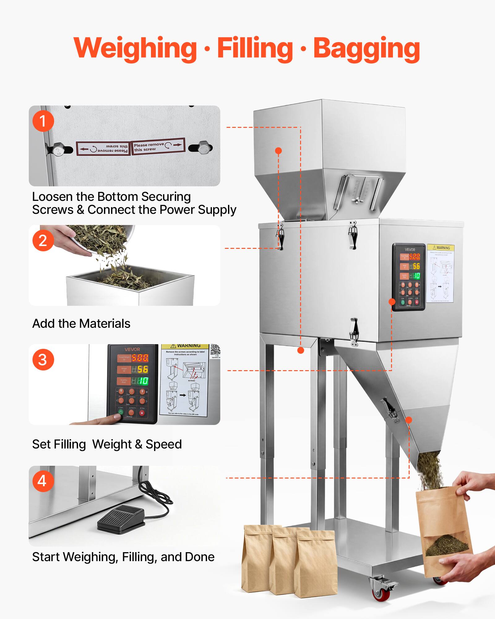 Weighing Filling Bagging

1. Loosen the Bottom Securing Screws & Connect the Power Supply
2. Add the Materials
3. Set Filling Weight & Speed
4. Start Weighing, Filling, and Done