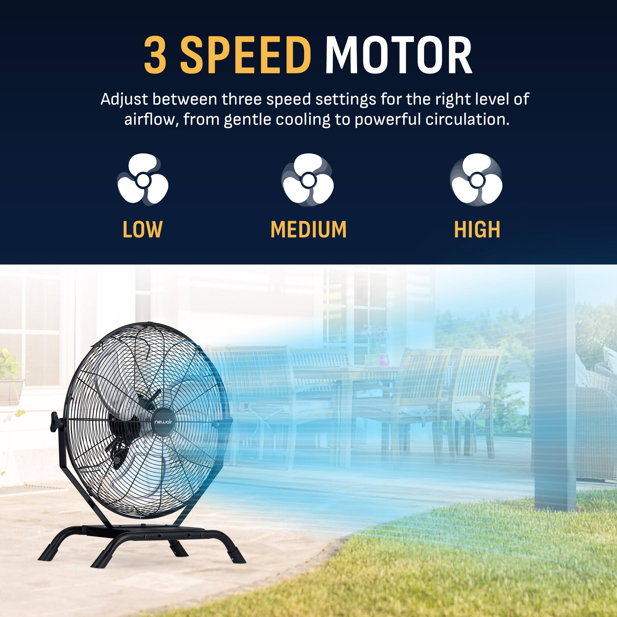 3 SPEED MOTOR  
Adjust between three speed settings for the right level of airflow, from gentle cooling to powerful circulation.  
LOW  
MEDIUM  
HIGH