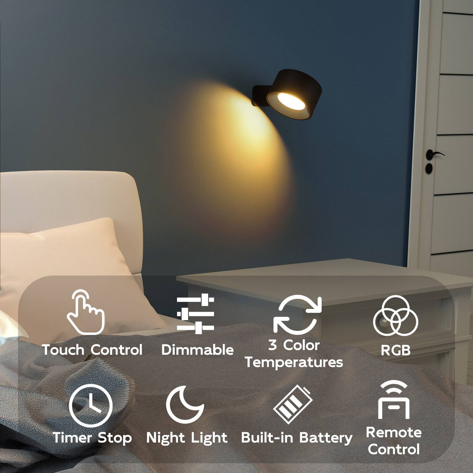 Oumilen 2 Pack Rechargeable Magnetic LED Wall Sconce – Black Remote ...