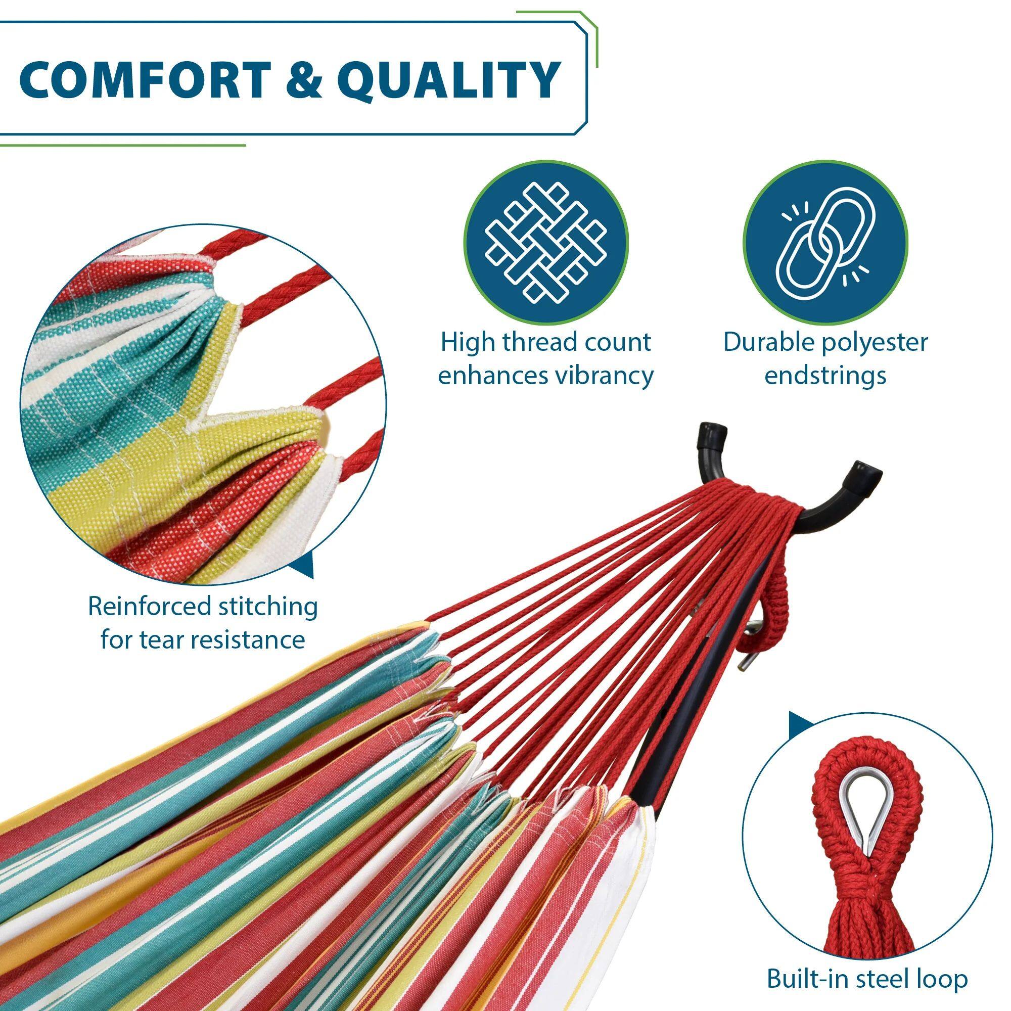 COMFORT & QUALITY

- High thread count enhances vibrancy
- Durable polyester endstrings
- Reinforced stitching for tear resistance
- Built-in steel loop