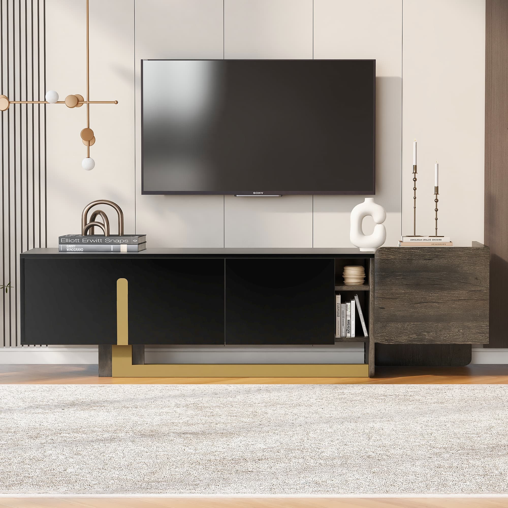 Bestier - 66.7'' Light Luxury TV Stand for TVs up to 70 Inches, 1 Drawer, 2 Cabinets and Adjustable Shelves for Living Room - Black